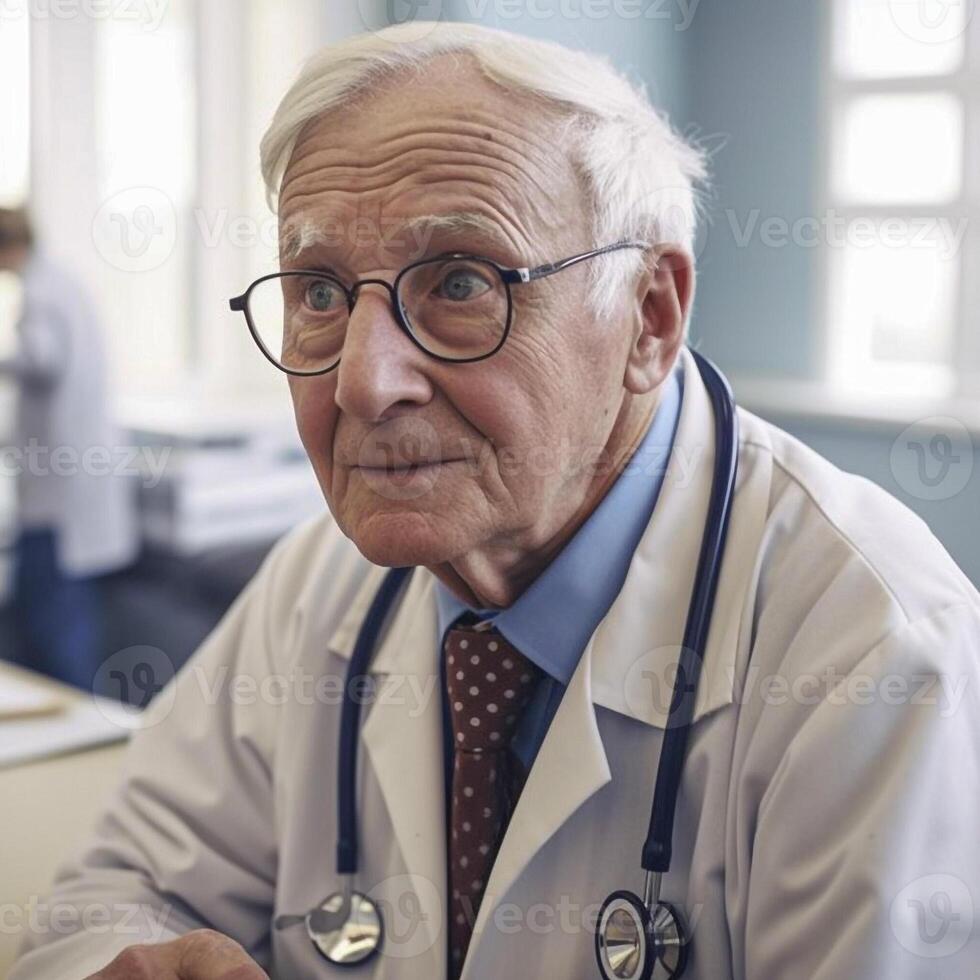 a médico do uma sério Mais velho era cumprimenta a paciente com uma leve, calma olhar. ai gerado ilustração. foto