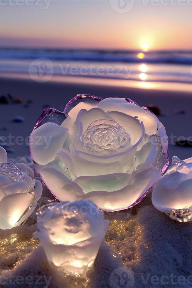 branco rosa sentado em topo do uma arenoso de praia. generativo ai. foto