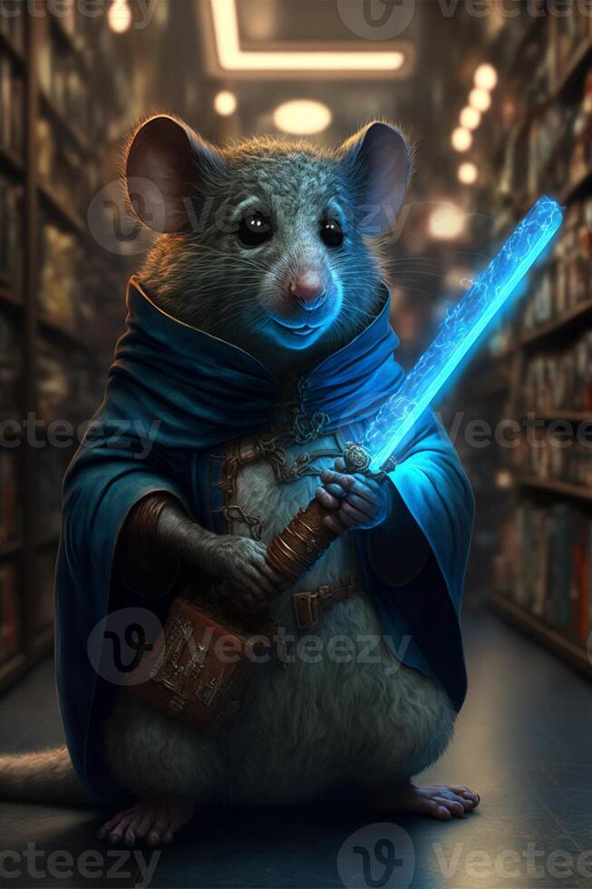 rato com uma espada dentro uma biblioteca. generativo ai. foto