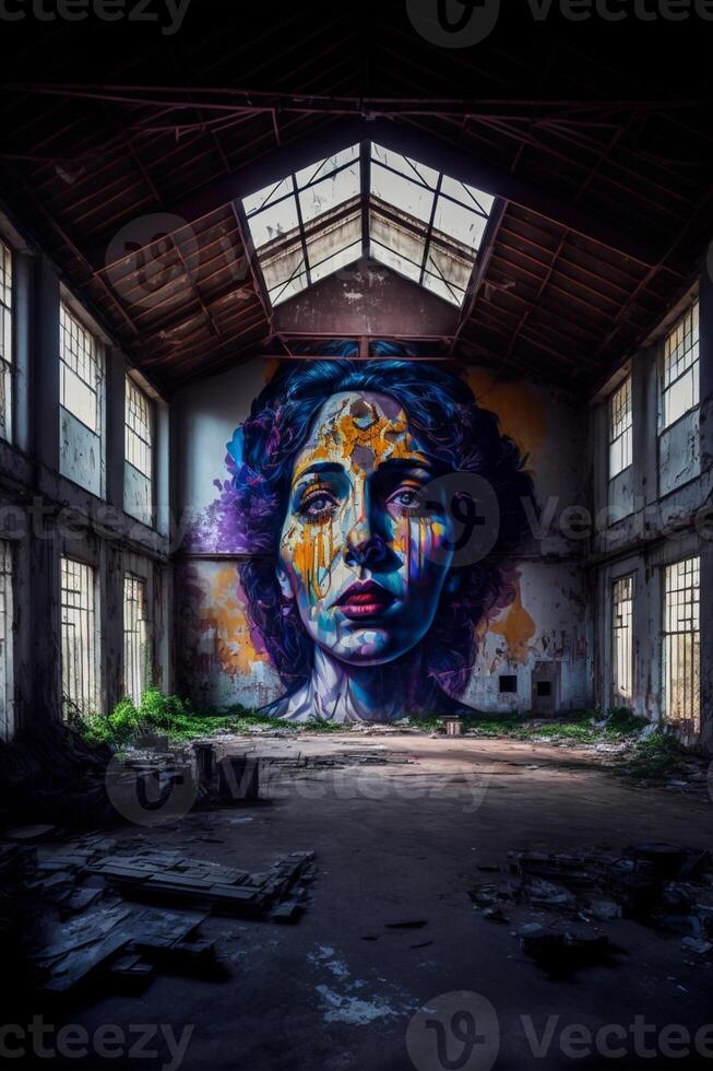 mulher face pintado em a lado do uma prédio. generativo ai. foto