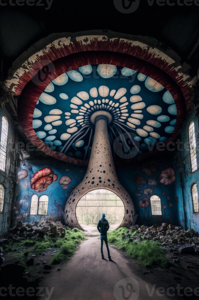 pessoa em pé dentro frente do uma gigante cogumelo. generativo ai. foto