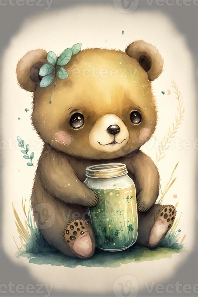 pintura do uma Urso segurando uma jarra do mel. generativo ai. foto