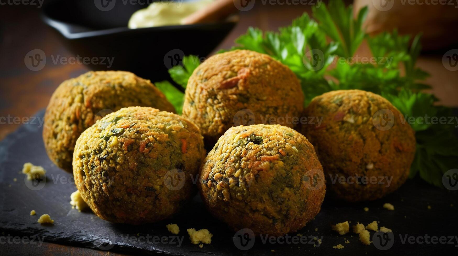 falafel em uma mesa em uma de madeira borda com salsinha ou coentro vegano Comida generativo ai foto