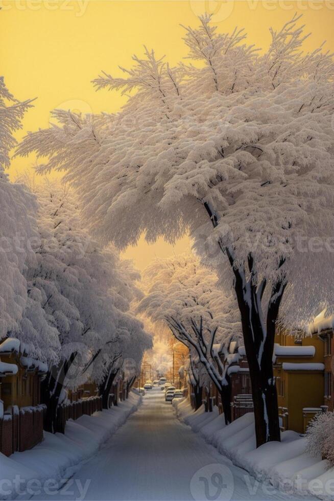 rua forrado com árvores coberto dentro neve. generativo ai. foto