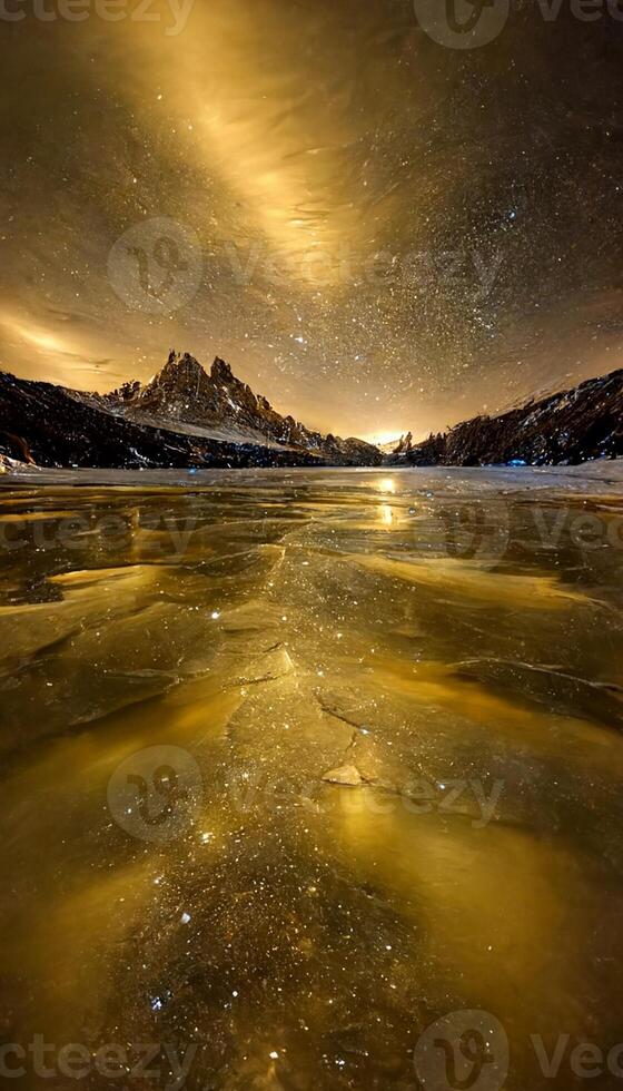 congeladas lago com uma montanha dentro a fundo. generativo ai. foto