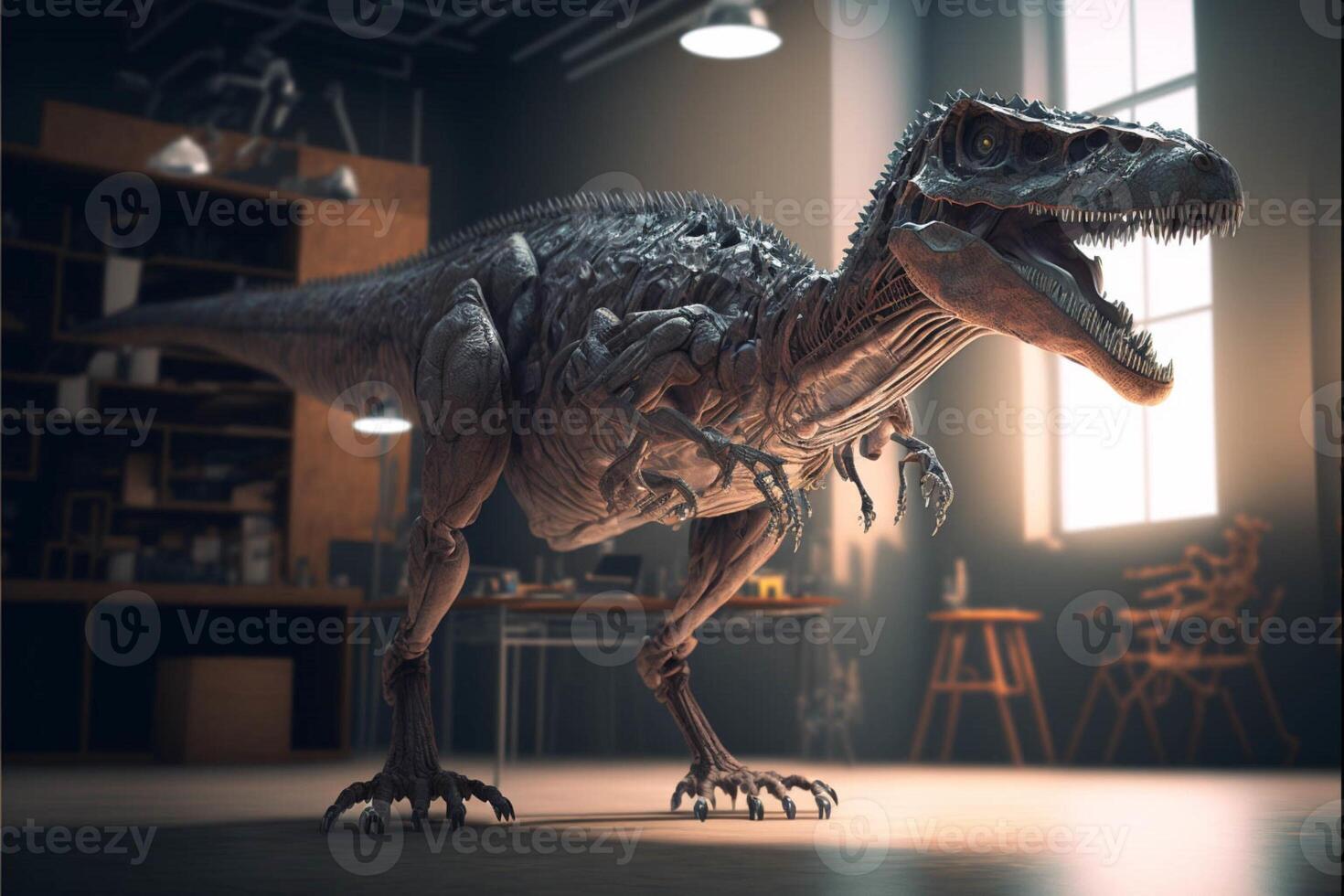 fechar acima do uma dinossauro modelo dentro uma sala. generativo ai. foto