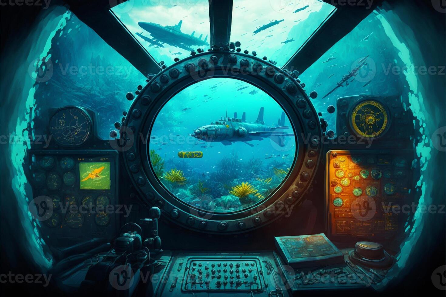 Visão do uma submarino através uma escotilha. generativo ai. foto