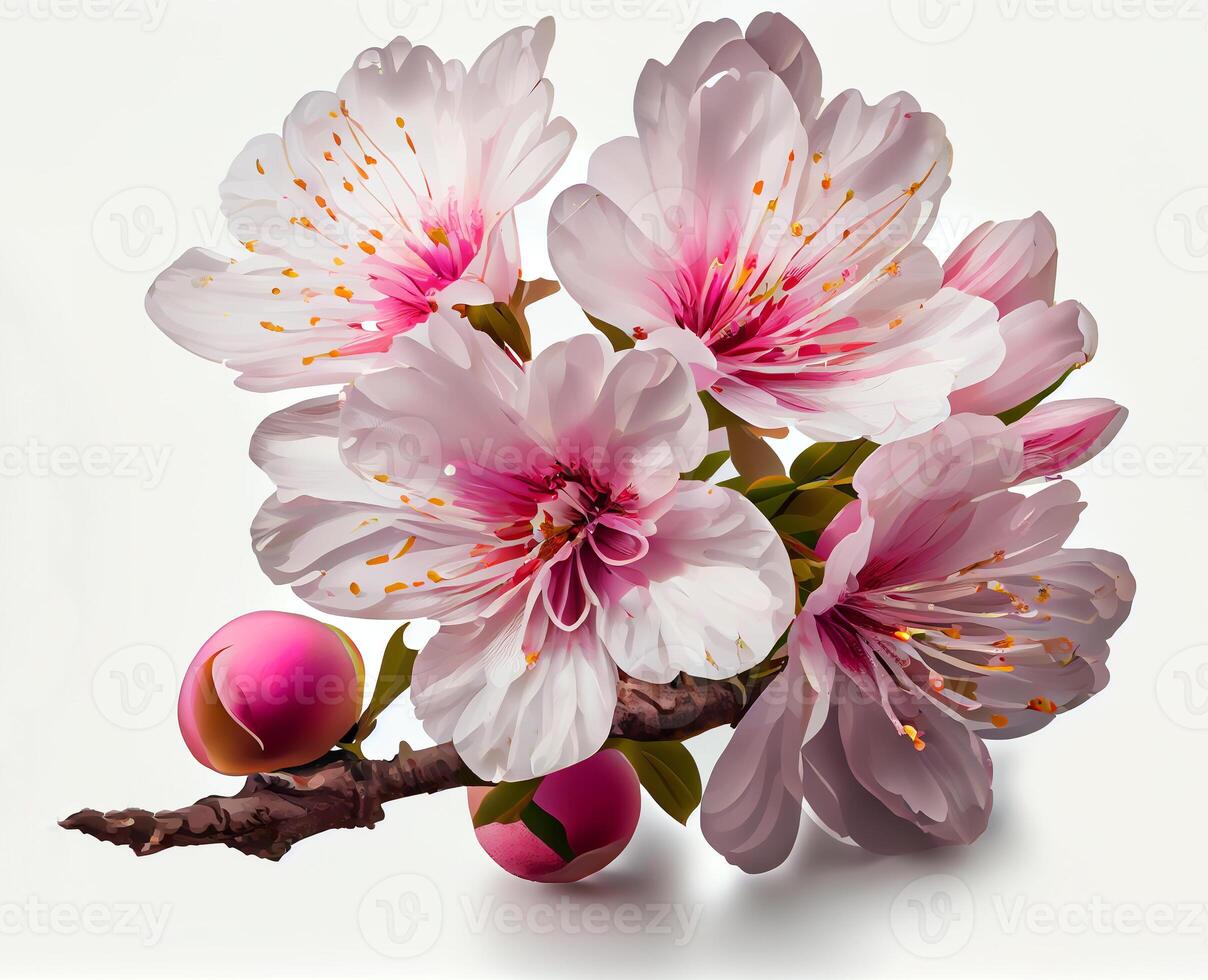 fechar-se do branco cereja Flor flor em branco fundo. digital arte. generativo ai foto