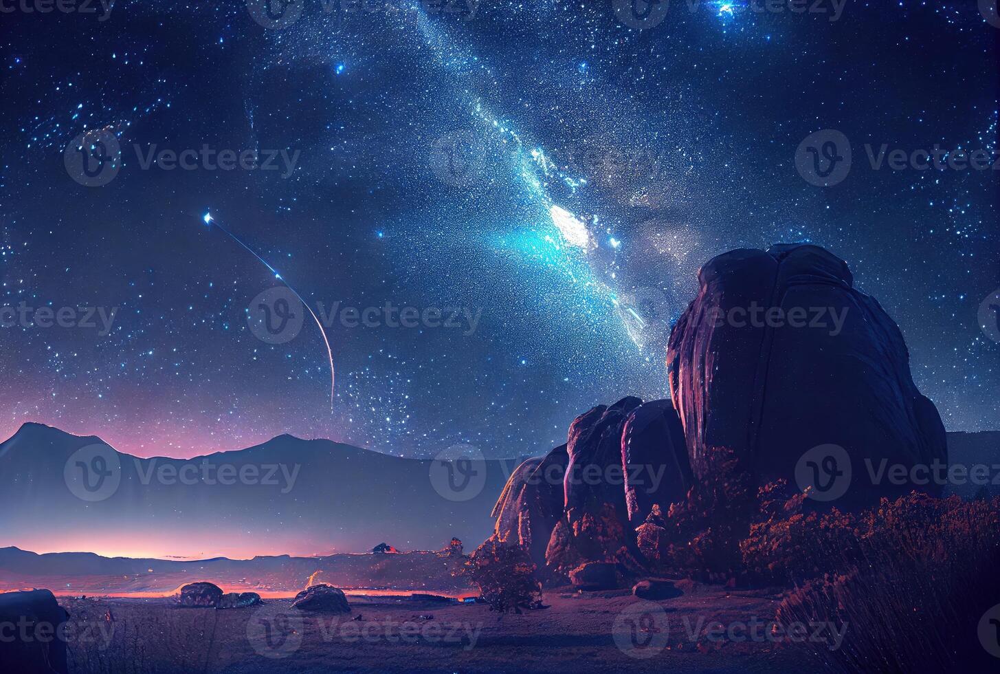 estrelado noite panorama com montanha e leitoso caminho céu fundo. beleza dentro natureza e astrologia Ciência conceito. digital arte fantasia ilustração. generativo ai foto