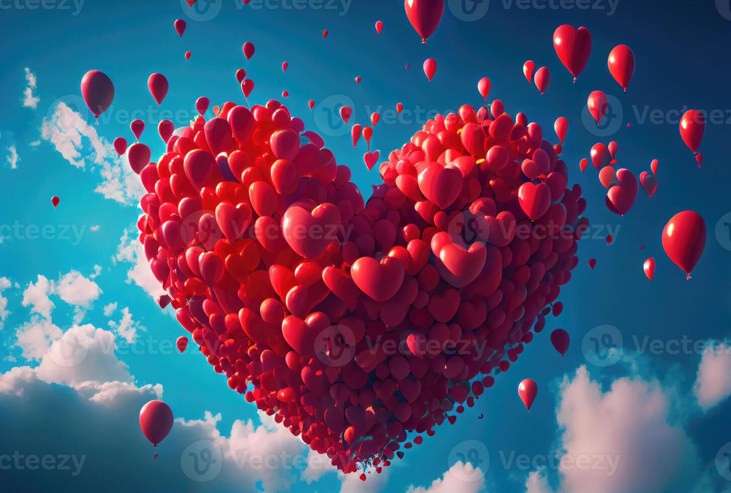 muitos vermelho balão dentro coração forma partículas vôo em a ar com azul céu fundo. dia dos namorados dia conceito. generativo ai foto