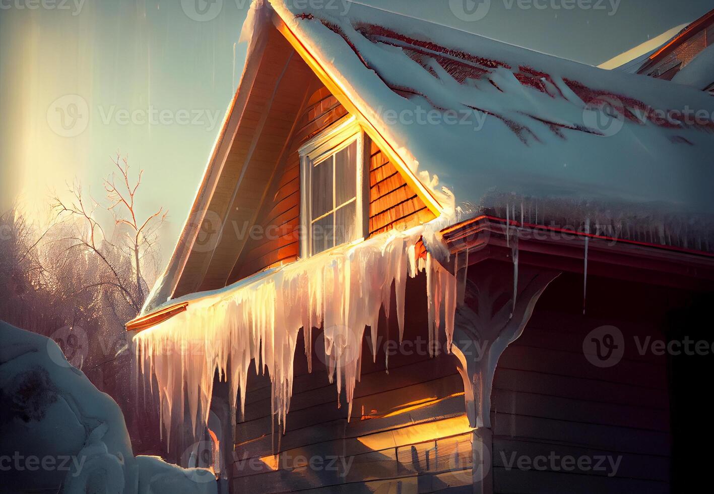pingentes de gelo em a cobertura do uma privado casa dentro inverno. ai gerado foto