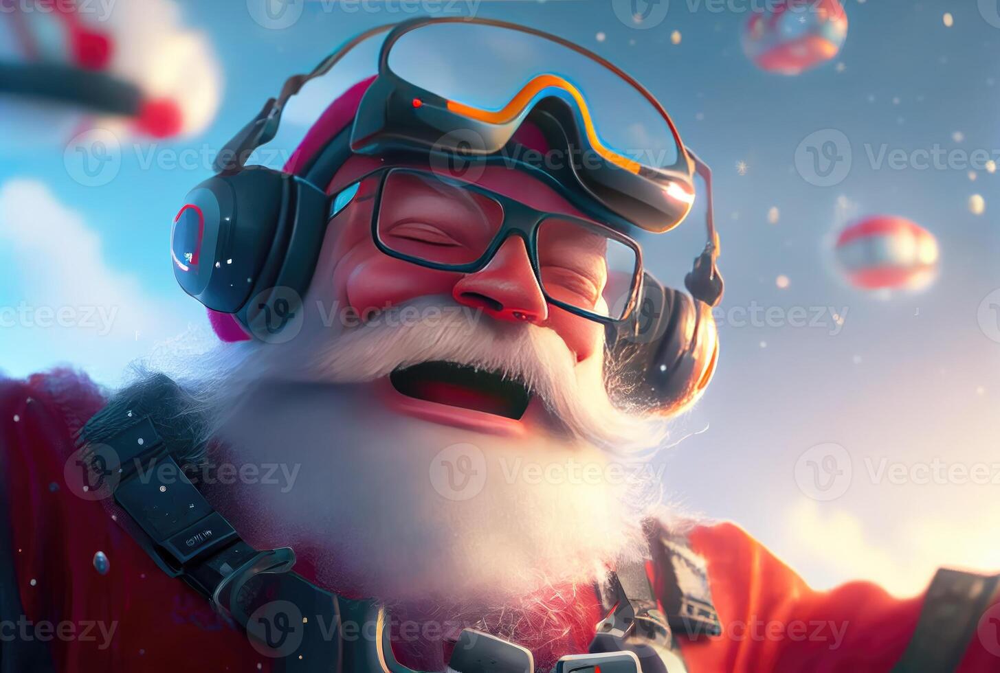 fechar-se do santa claus controlando a vôo zangão com controlo remoto ao controle dentro a azul céu e nublado fundo. alegre Natal e feliz Novo ano conceito. digital arte ilustração. generativo ai foto