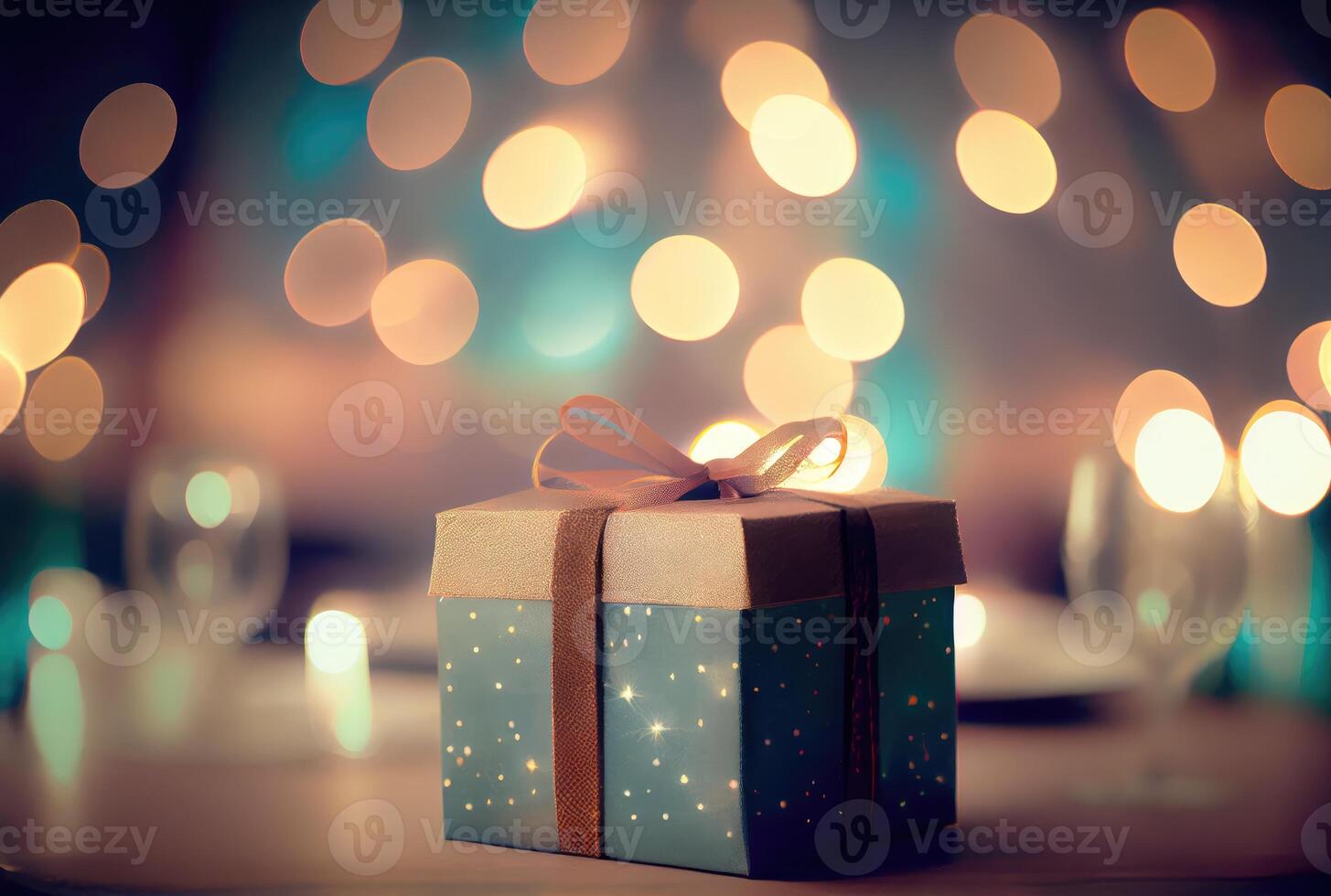 comemoro presente caixa em a mesa com desfocado bokeh luz fundo. Novo ano evento e Natal celebração conceito. generativo ai foto