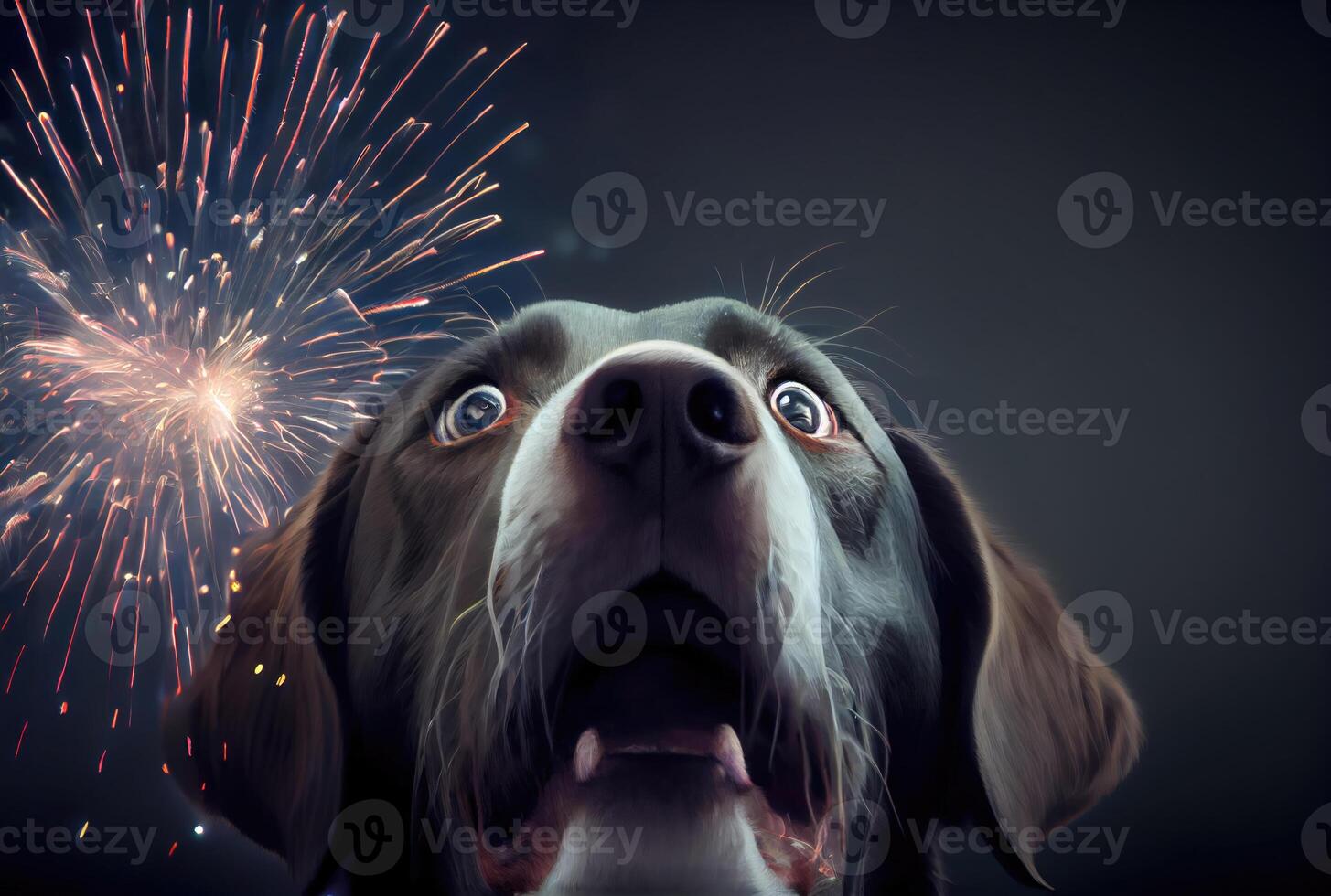 a cachorro é receoso e chocado de a som do fogos de artifício com céu fundo. animal e animal conceito. digital arte ilustração. generativo ai foto