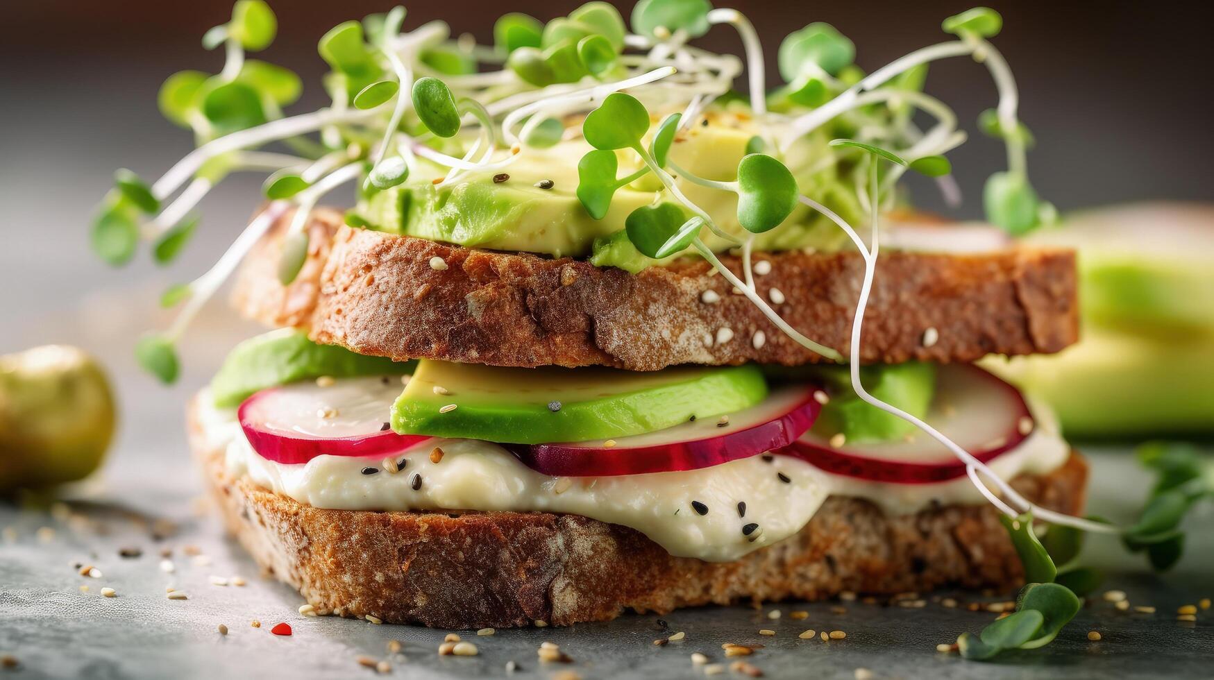 vegetariano sanduíche fez com fermento pão, abacate creme, pepino, rabanete e remoulade molho ilustração ai generativo foto