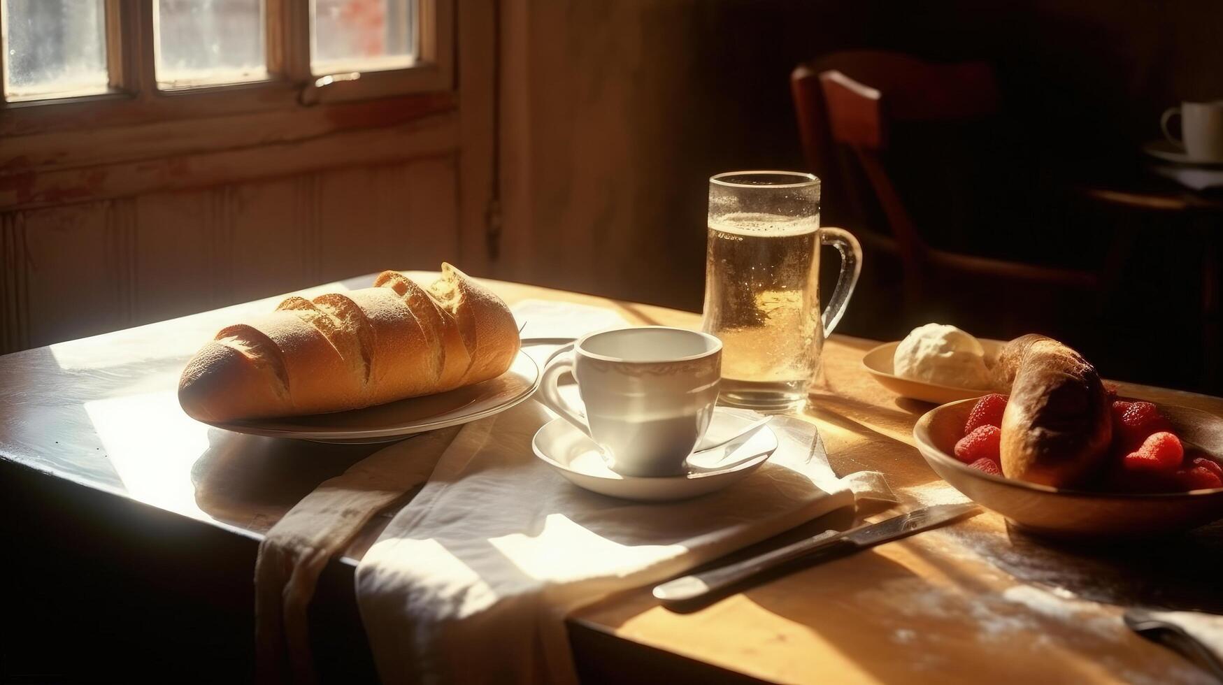 café da manhã com baguete pão Comida ilustração ai generativo foto