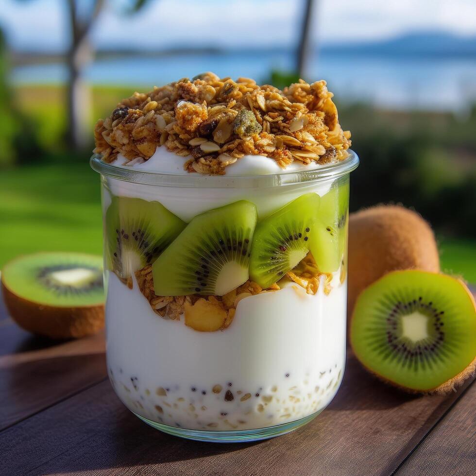 manga iogurte com granola e kiwi dentro de madeira tigela ilustração ai generativo foto