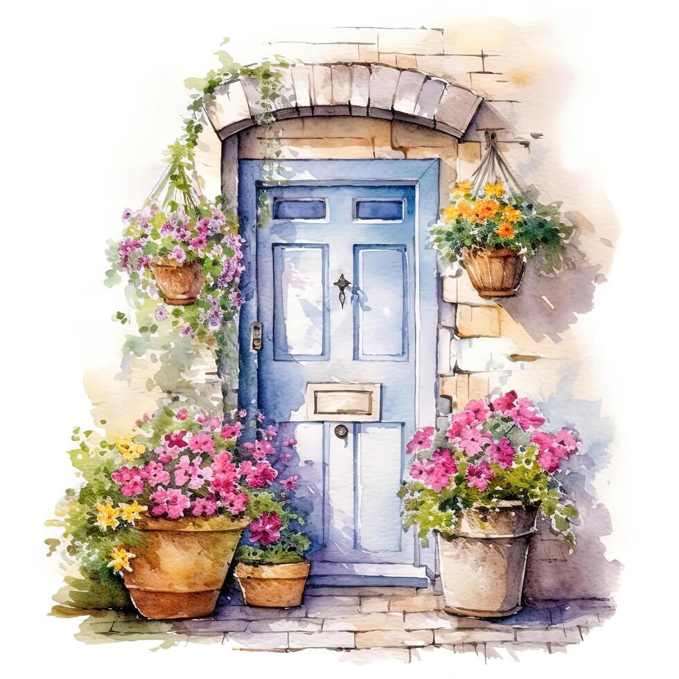 acolhedor porta com flores aquarela. ilustração ai generativo foto