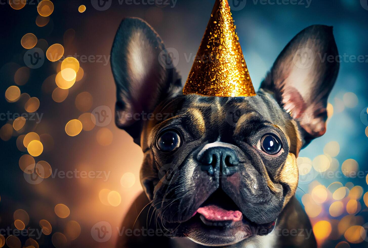 retrato do fofa feliz francês buldogue dentro a celebração festa com bokeh luz e confete dentro a Sombrio fundo. generativo ai foto