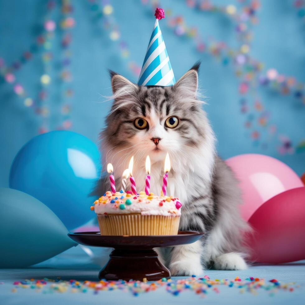 aniversário gato com bolo. ilustração ai generativo foto