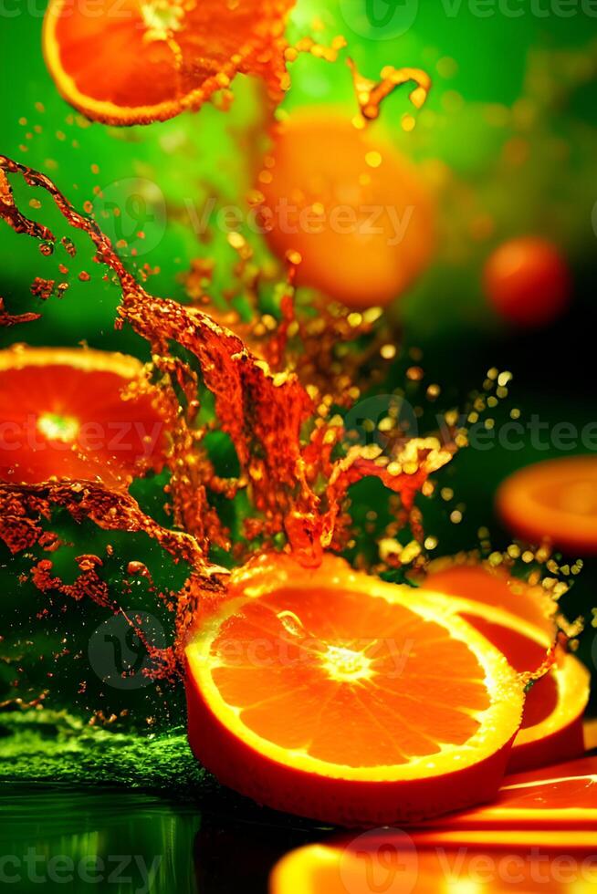 vôo uma laranja fatias com água espirrando, generativo ai foto