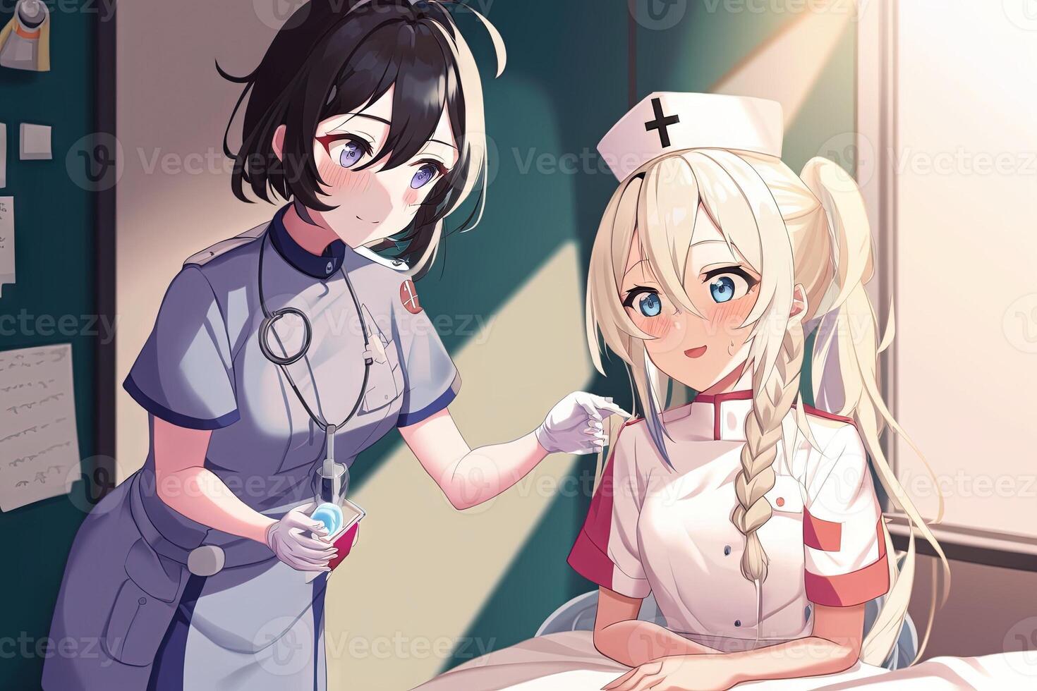 bonita animê enfermeira cura uma paciente dentro hospital ilustração generativo ai foto