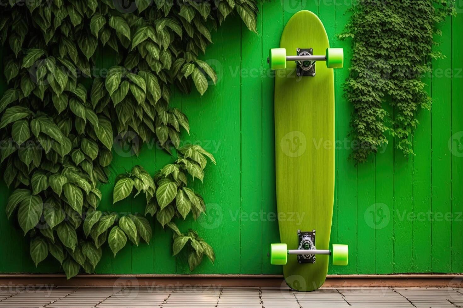 skate Longboard em pé em verde parede ilustração generativo ai foto