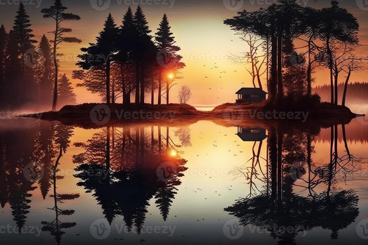 pôr do sol entre a árvores com reflexões em uma lago ilustração generativo ai foto