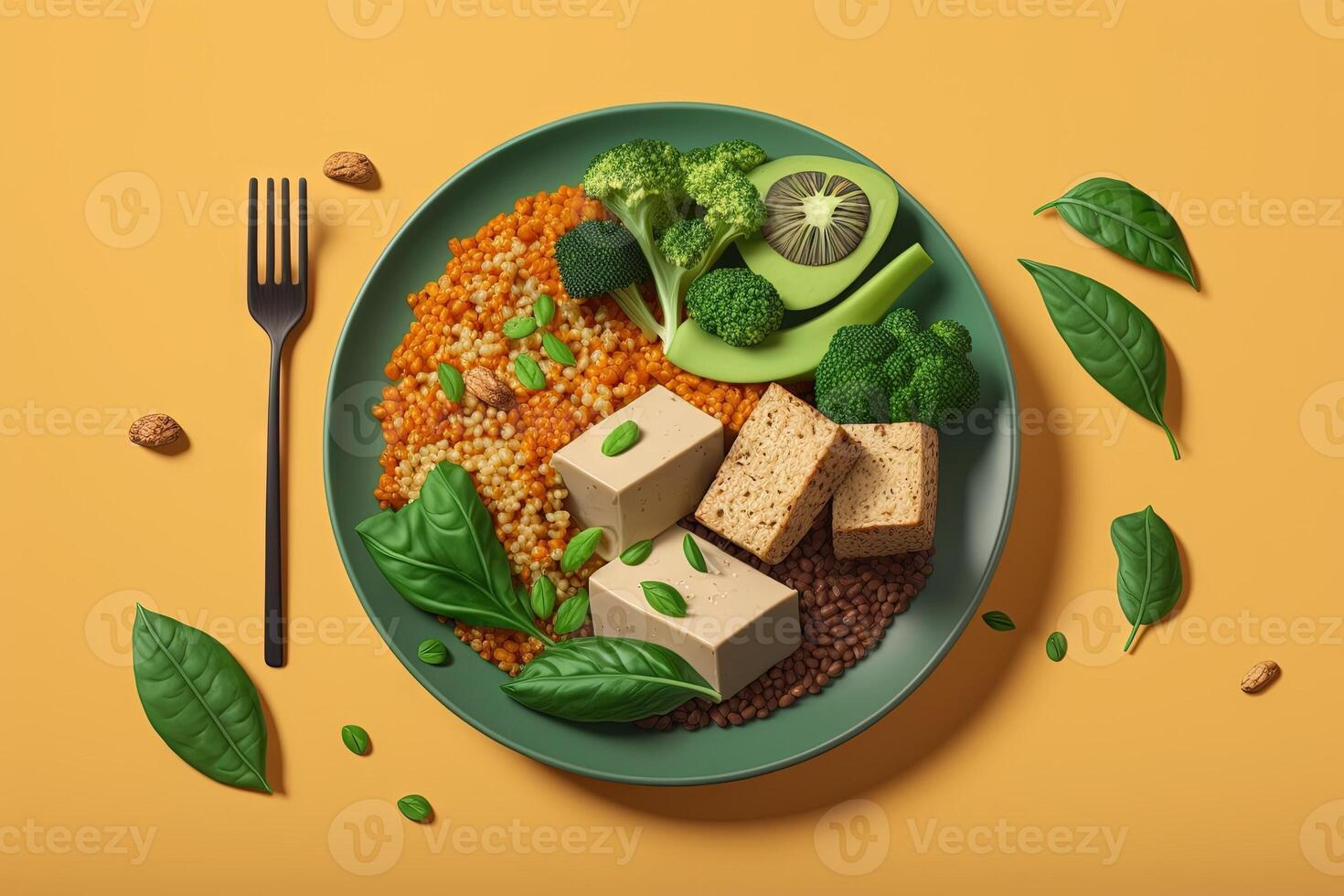 topo Visão do vegano placa, apresentando plantar - Sediada ingredientes gostar tofu, lentilhas, e Quinoa, verde fundo pastel cor ilustração generativo ai foto