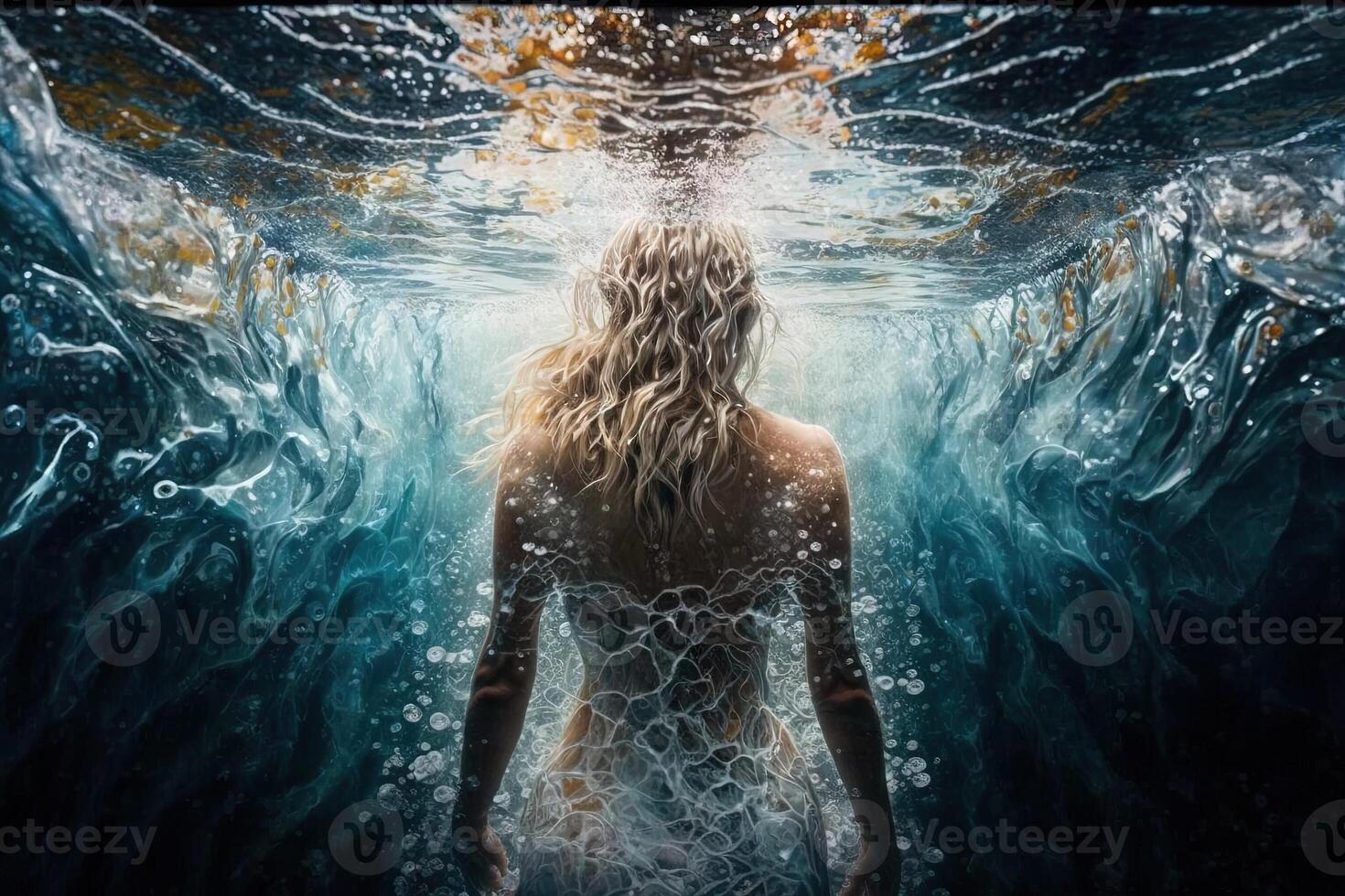 lindo mulher natação dentro líquido diamantes Visão a partir de a costas ilustração generativo ai foto