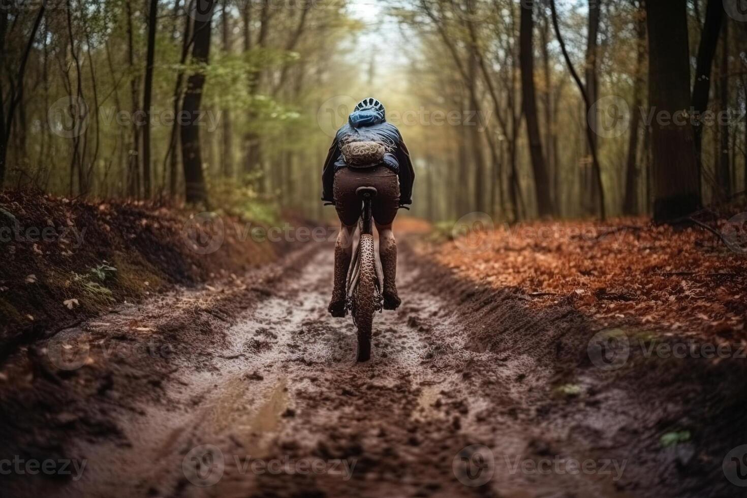 Visão a partir de a costas do uma homem equitação montanha bicicleta dentro a madeiras ilustração generativo ai foto