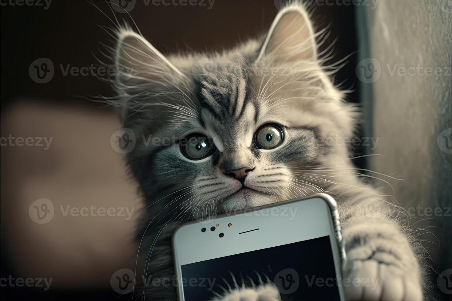 gato usando Smartphone. conceito para animais de estimação usando tecnologia, ou animais imitando humanos. ilustração generativo ai foto