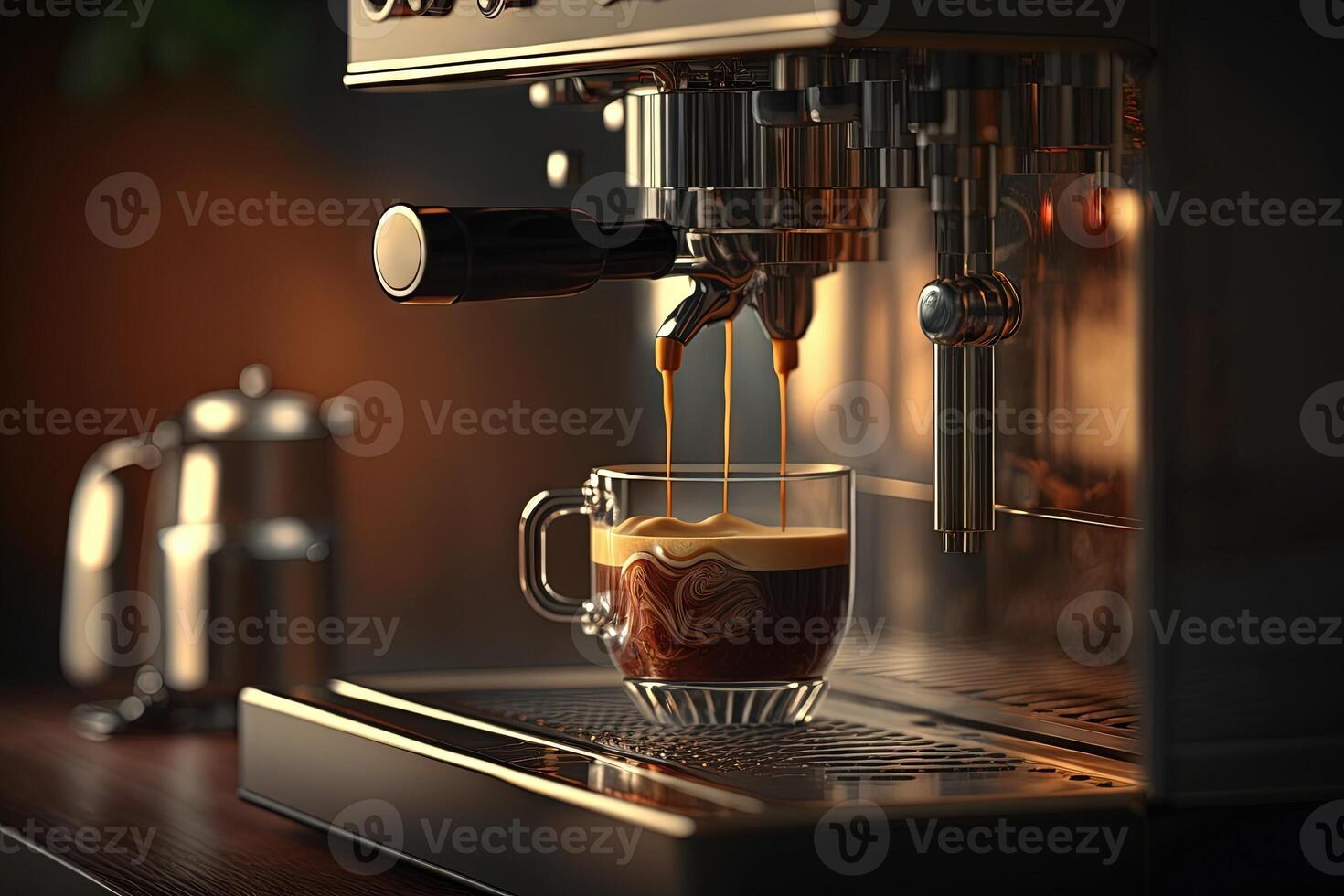 fechar-se do espresso derramando a partir de café máquina. profissional café fermentação ilustração generativo ai foto