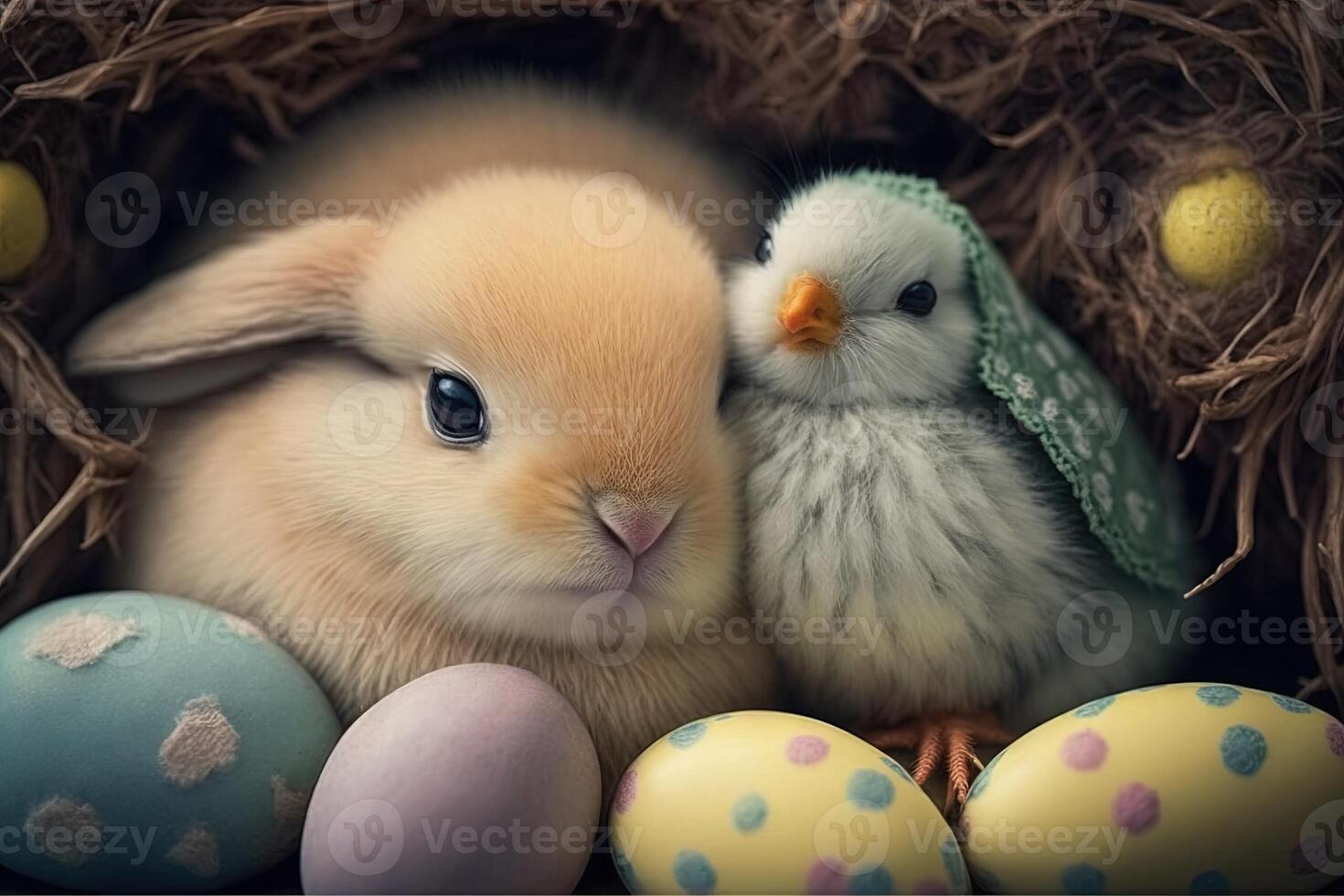 fofa Coelho e pintinho acariciado acima junto, cercado de pastel - colori Páscoa ovos Páscoa ilustração generativo ai foto