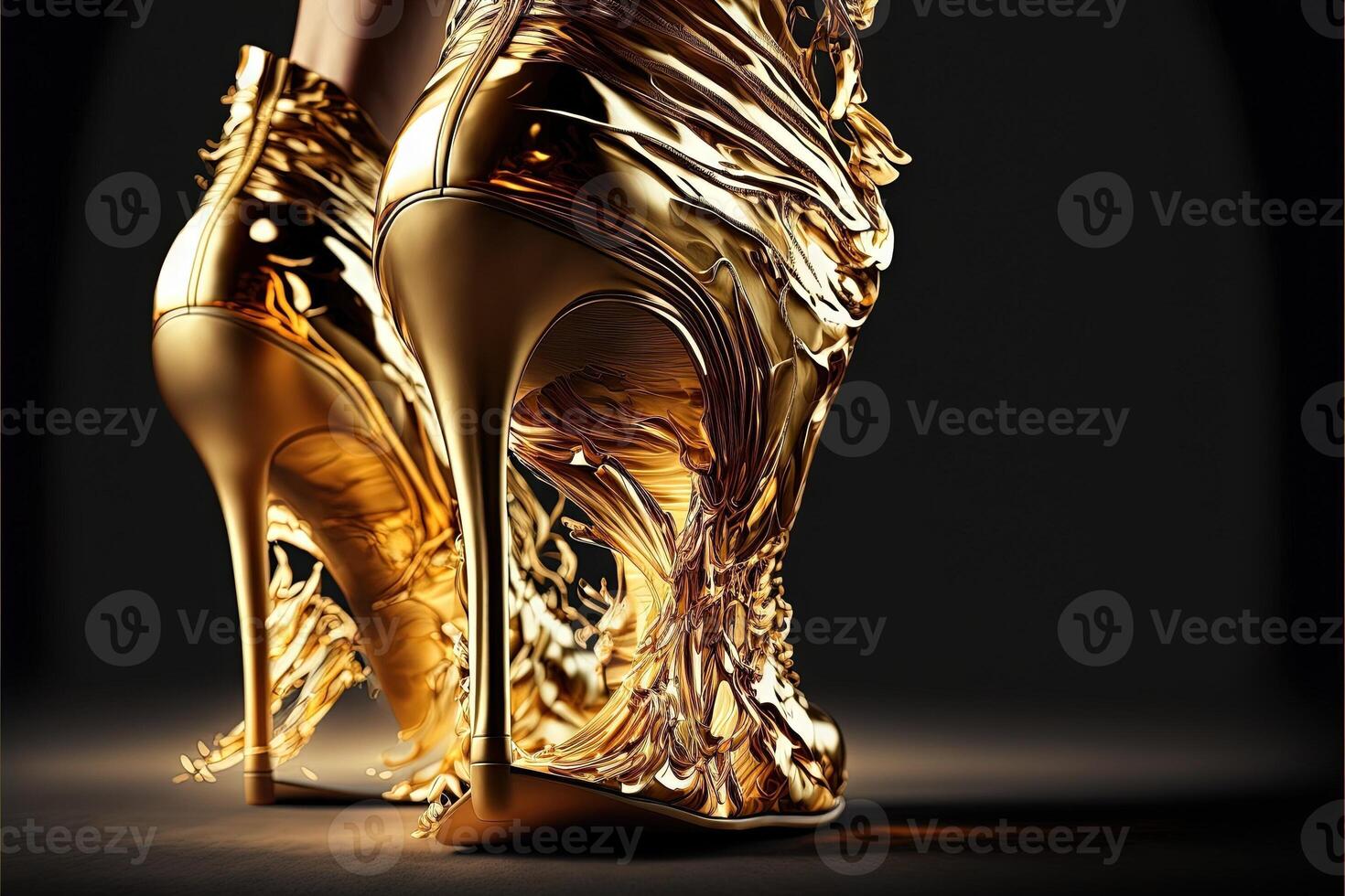 luxo líquido ouro mulheres futuro sapatos com Alto calcanhares generativo ai foto