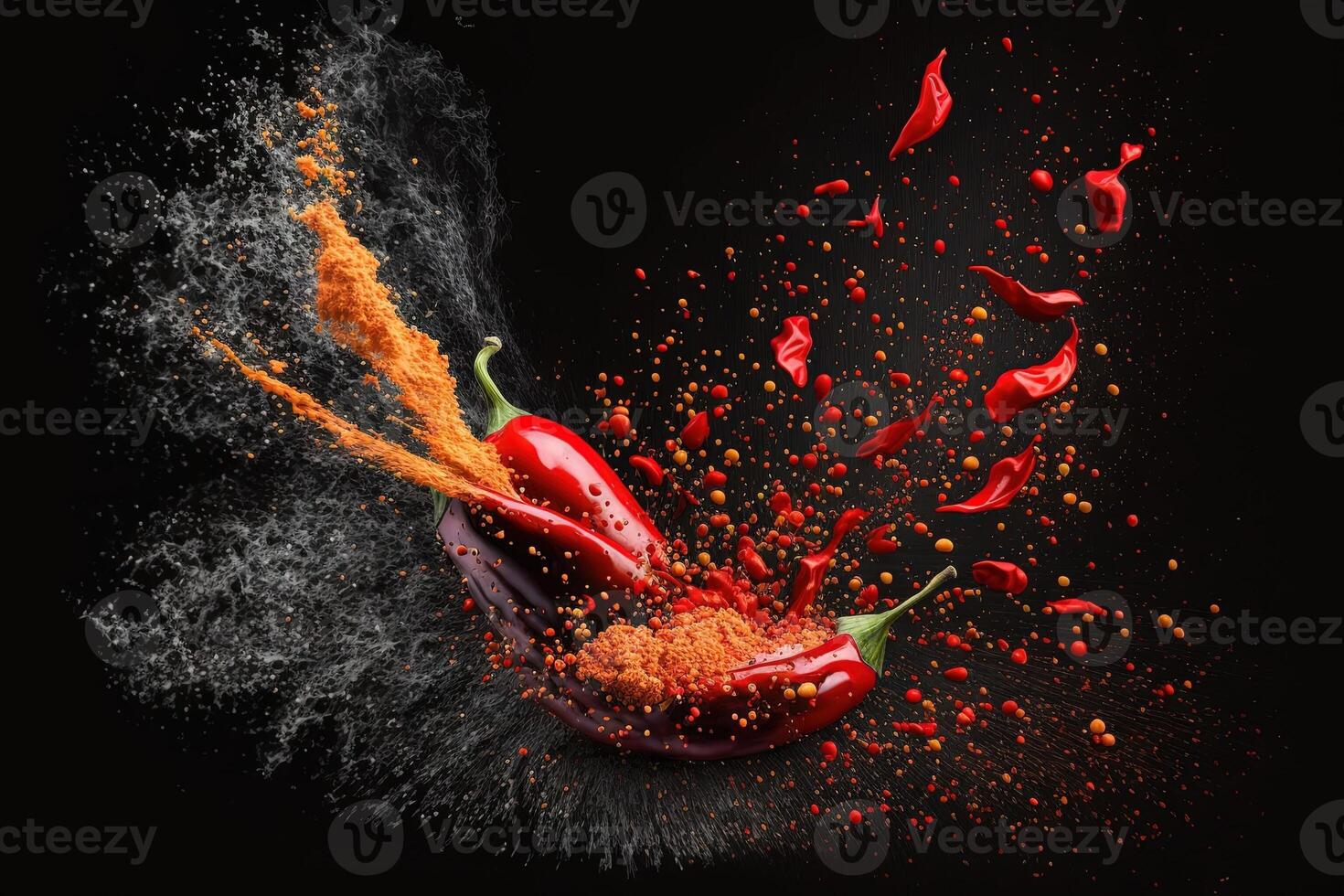 vermelho Pimenta Pimenta explodindo com pó sobre Preto fundo ilustração generativo ai foto