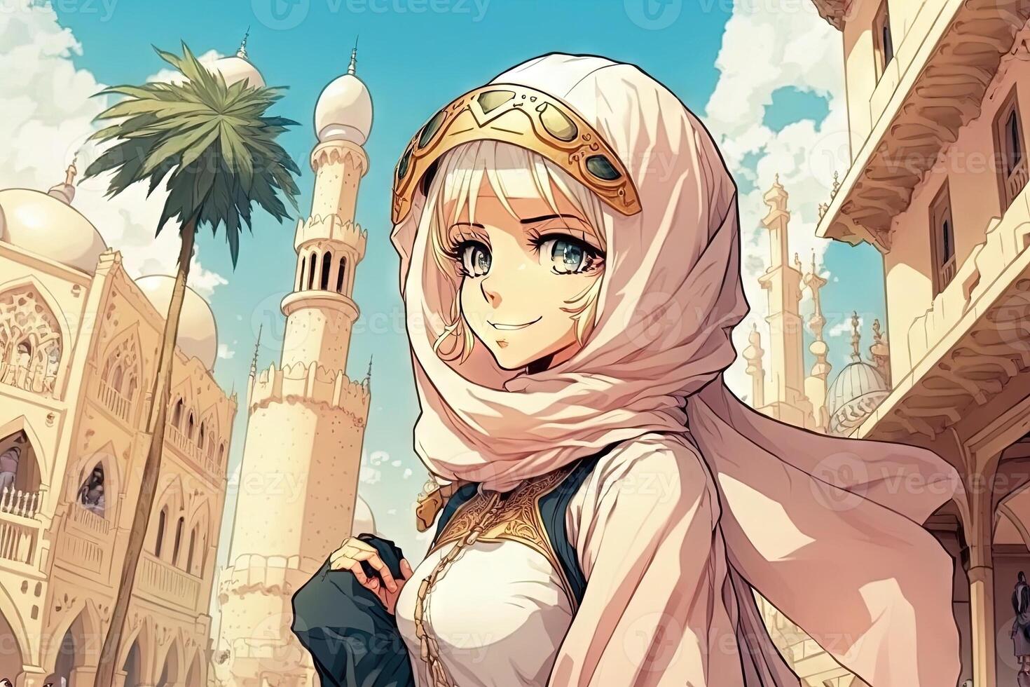 lindo animê mangá menina dentro dubai árabe vestido ilustração generativo ai foto