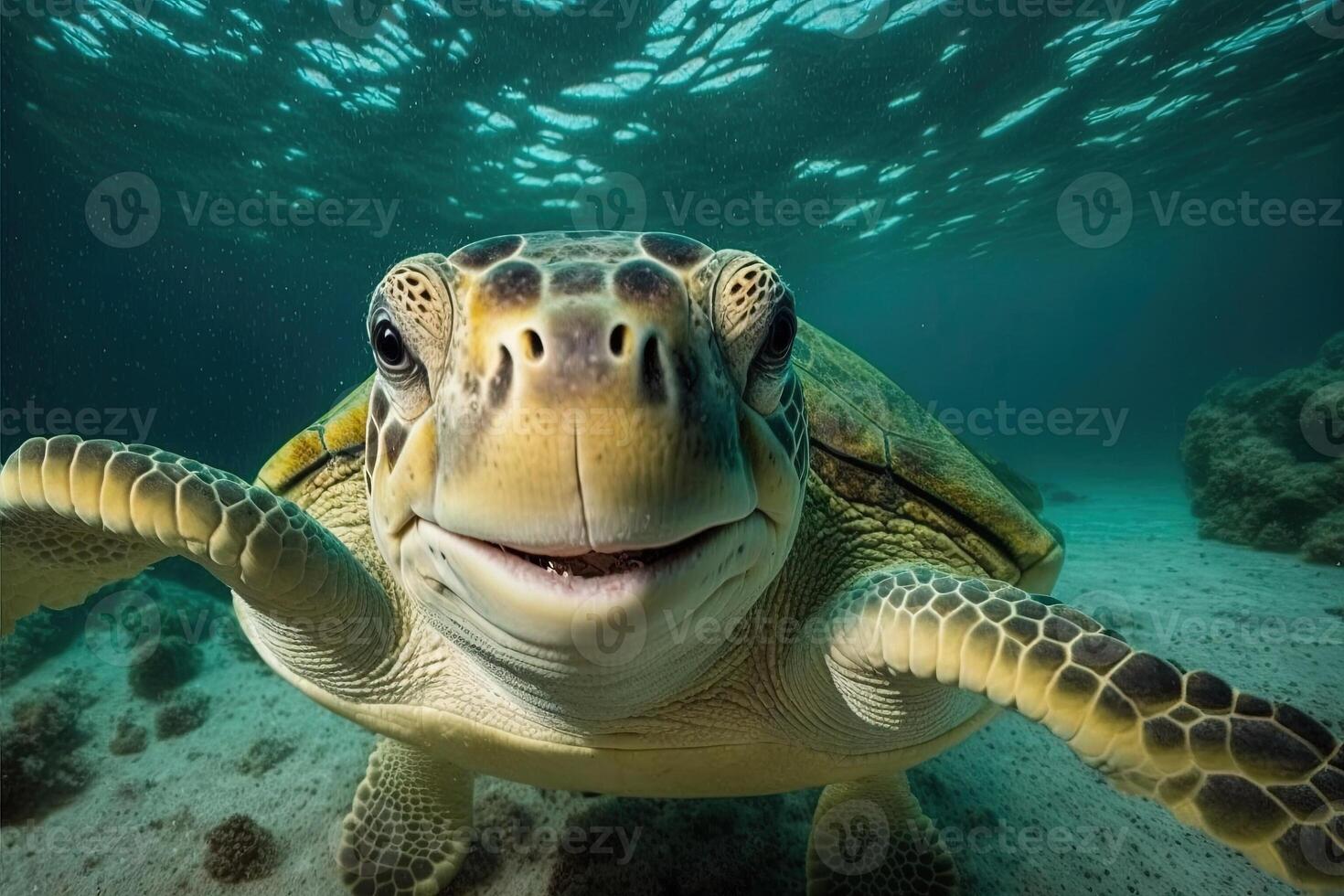 feliz mar tartaruga embaixo da agua olhando e você e sorridente ilustração generativo ai foto