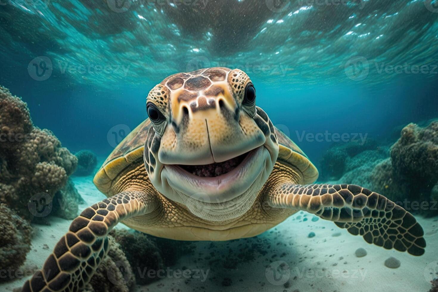 feliz mar tartaruga embaixo da agua olhando e você e sorridente ilustração generativo ai foto