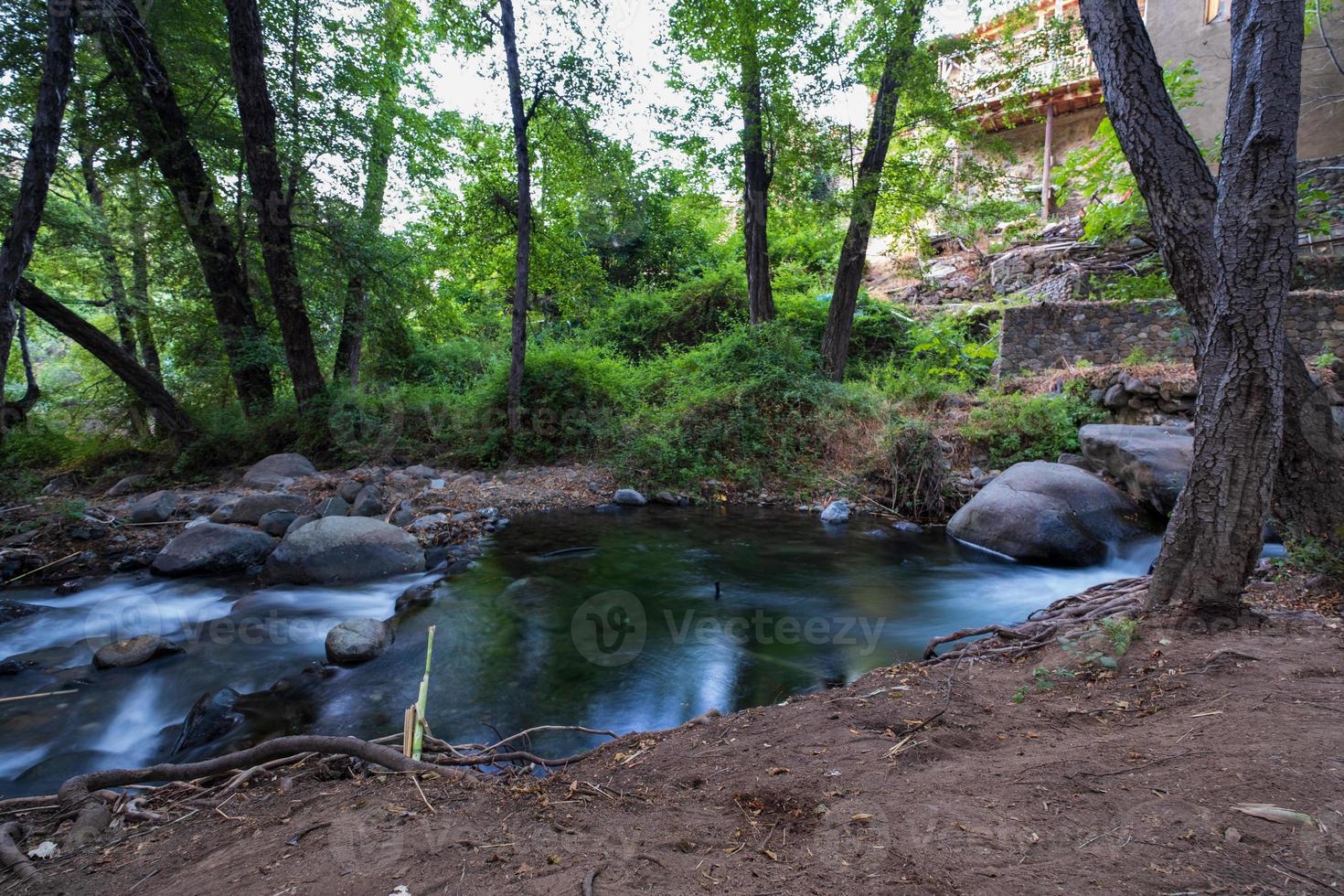 fluxo de água pura fluindo sobre terreno montanhoso rochoso na floresta kakopetria em troodos chipre foto