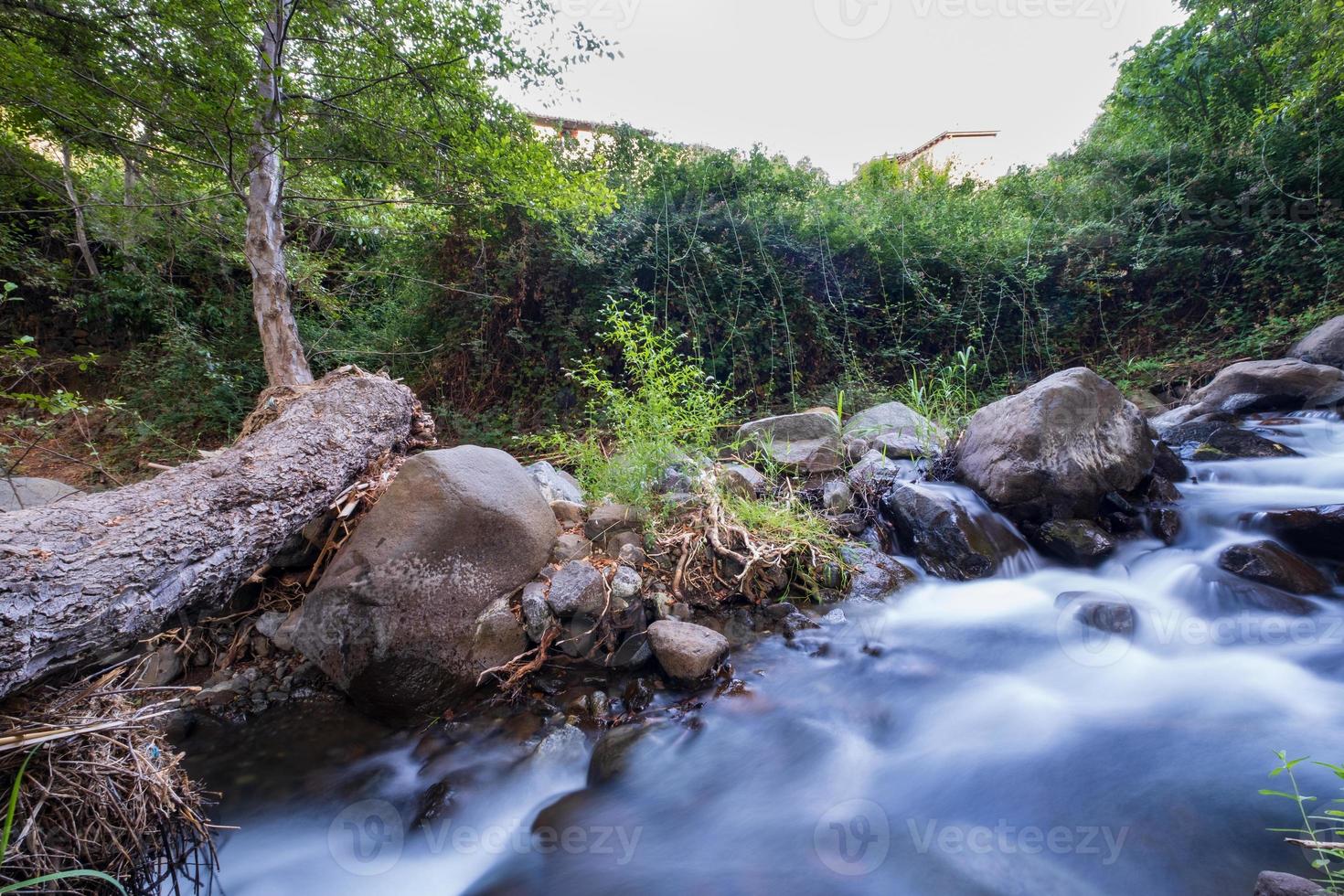fluxo de água pura fluindo sobre terreno montanhoso rochoso na floresta kakopetria em troodos chipre foto