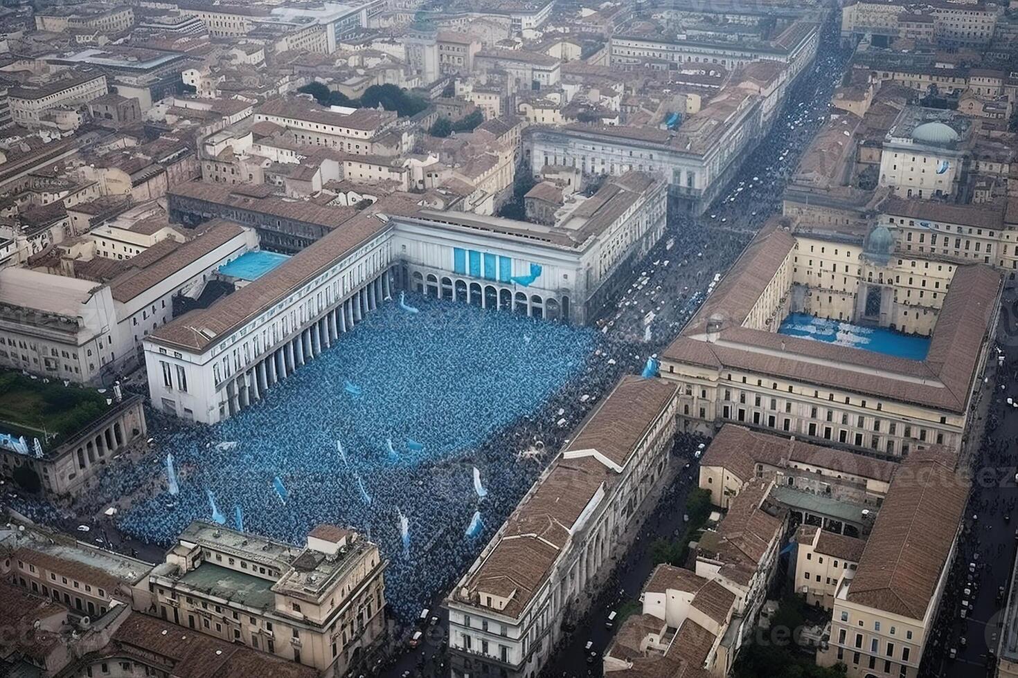 aéreo Visão do Napoli Cidade depois de ganhando campeonato de futebol futebol clube, escudo a comemorar equipe, fãs multidão do apoiantes ilustração generativo ai foto