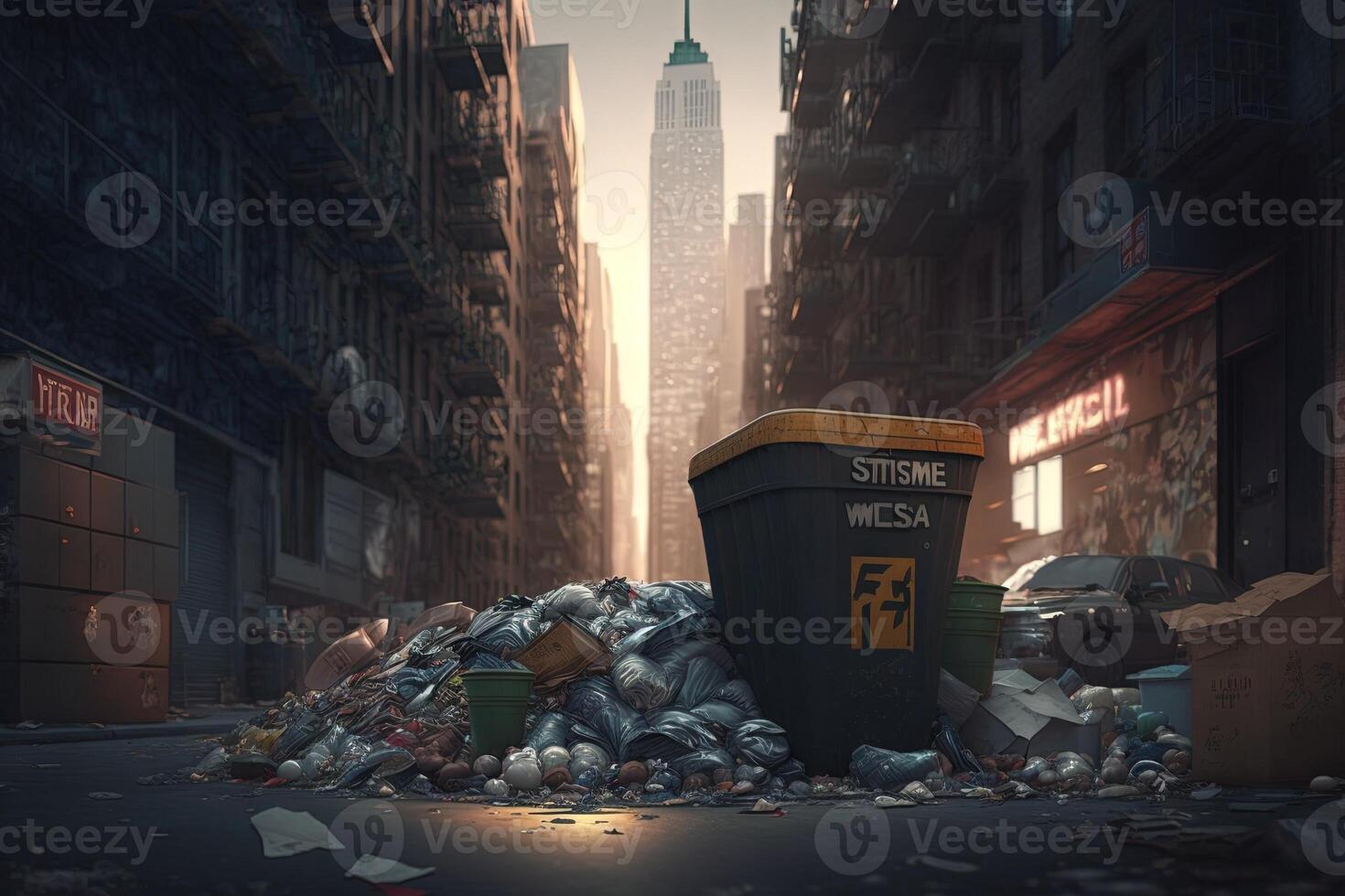Novo Iorque cidade submerso de toneladas do lixo ilustração generativo ai foto