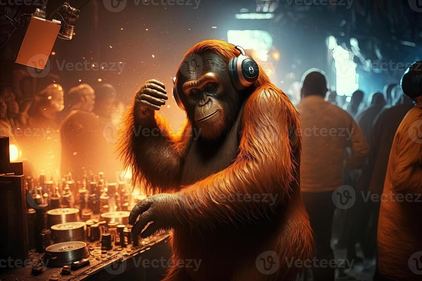 orangotango utan macaco animal é uma residente dj dentro a clube pessoas dançando em fundo ilustração generativo ai foto