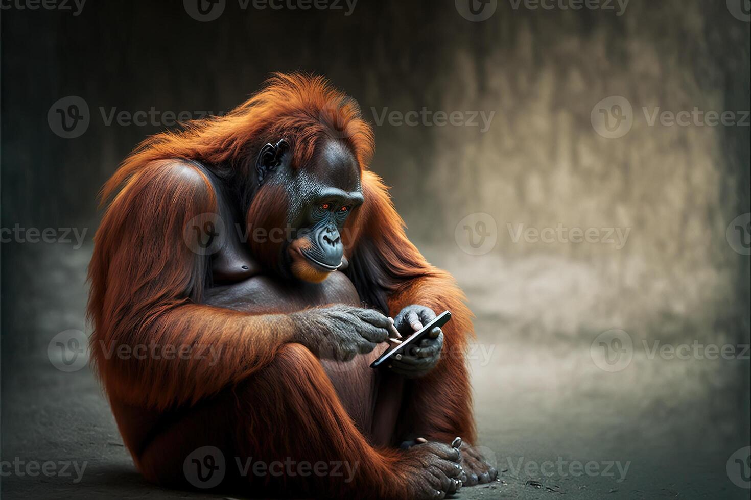 orangotango utan macaco usando uma Smartphone ilustração generativo ai foto