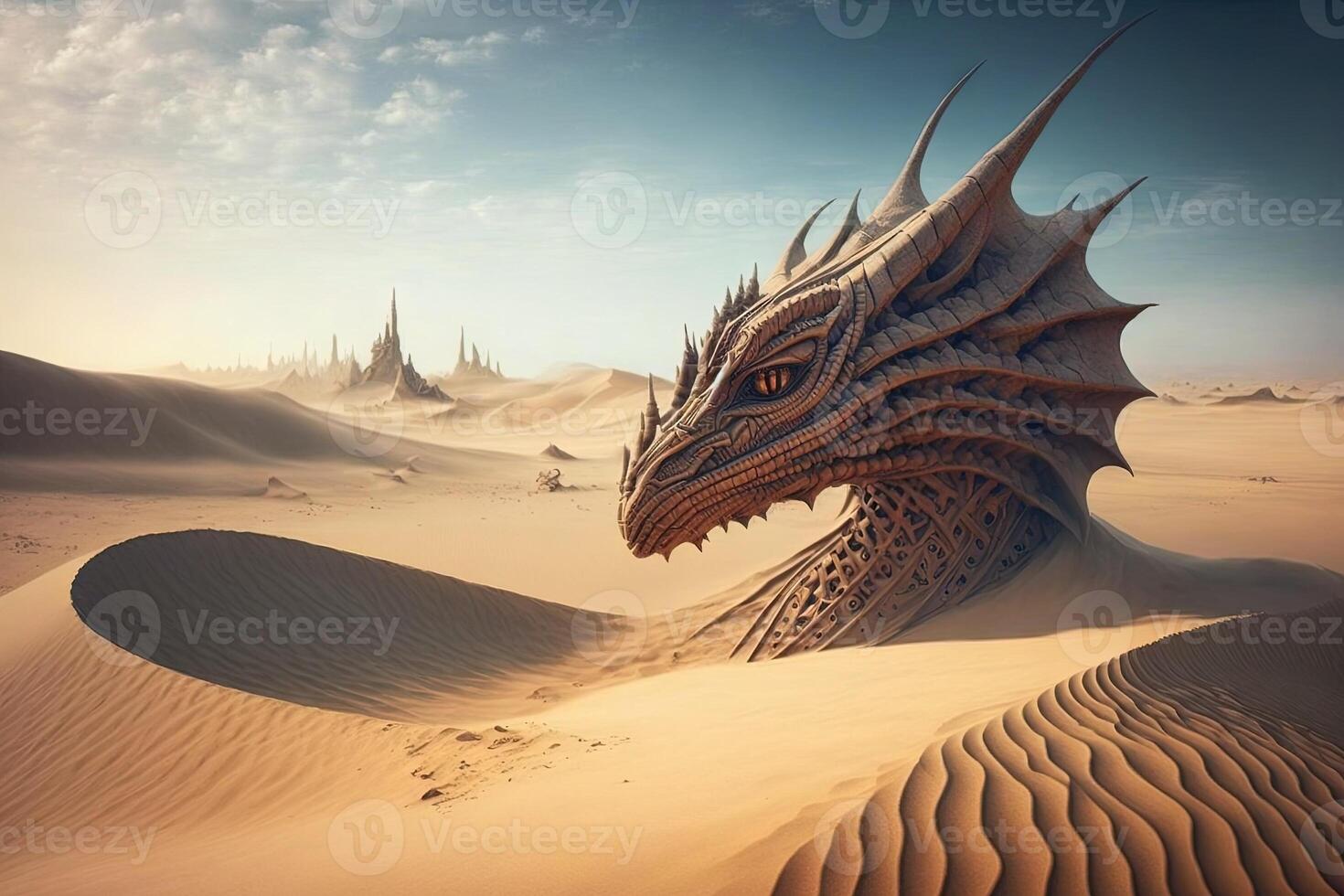 deserto panorama com imponente areia dunas este assemelhar-se a balanças do uma Dragão, com Está cabeça e asas por muito pouco visível em a horizonte ilustração generativo ai foto
