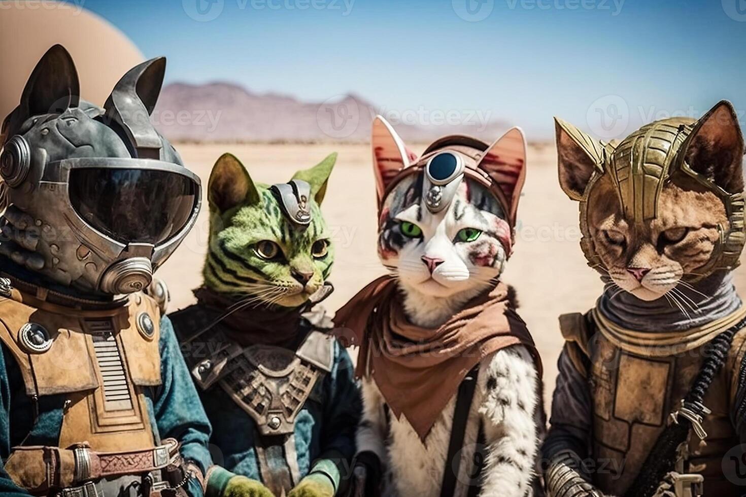 grupo do gatos vestido acima dentro cosplay trajes, atendendo uma sci - fi convenção em uma distante planeta e posando para fotos com estrangeiro fãs ilustração generativo ai