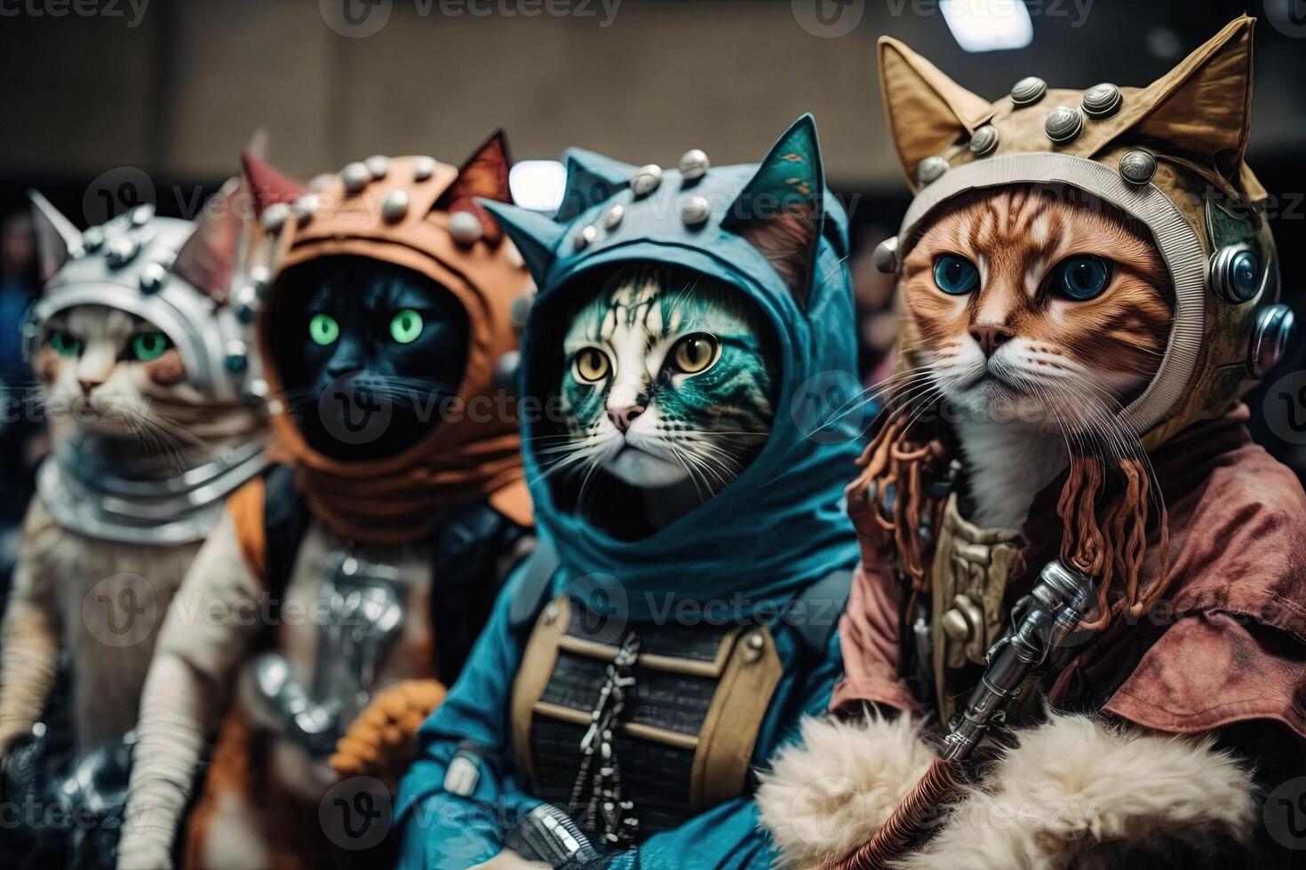 grupo do gatos vestido acima dentro cosplay trajes, atendendo uma sci - fi convenção em uma distante planeta e posando para fotos com estrangeiro fãs ilustração generativo ai