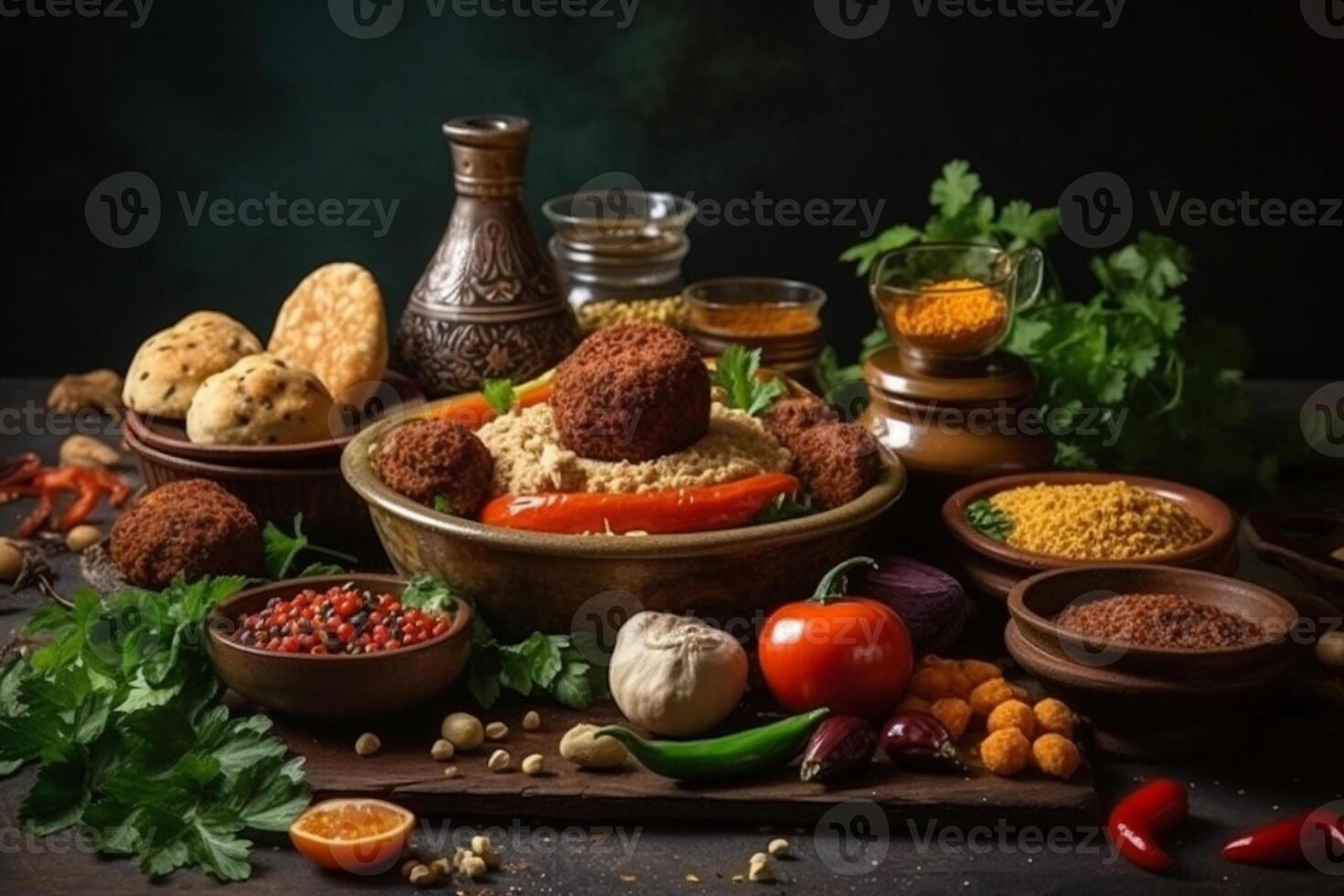 meio Oriental ou árabe pratos e sortido meze em uma Sombrio fundo. carne Churrasquinho, falafel, baba ghanoush, Húmus, arroz com vegetais, tahine, quibe, Pão Pita. halal Comida. espaço para texto. ai gerado foto