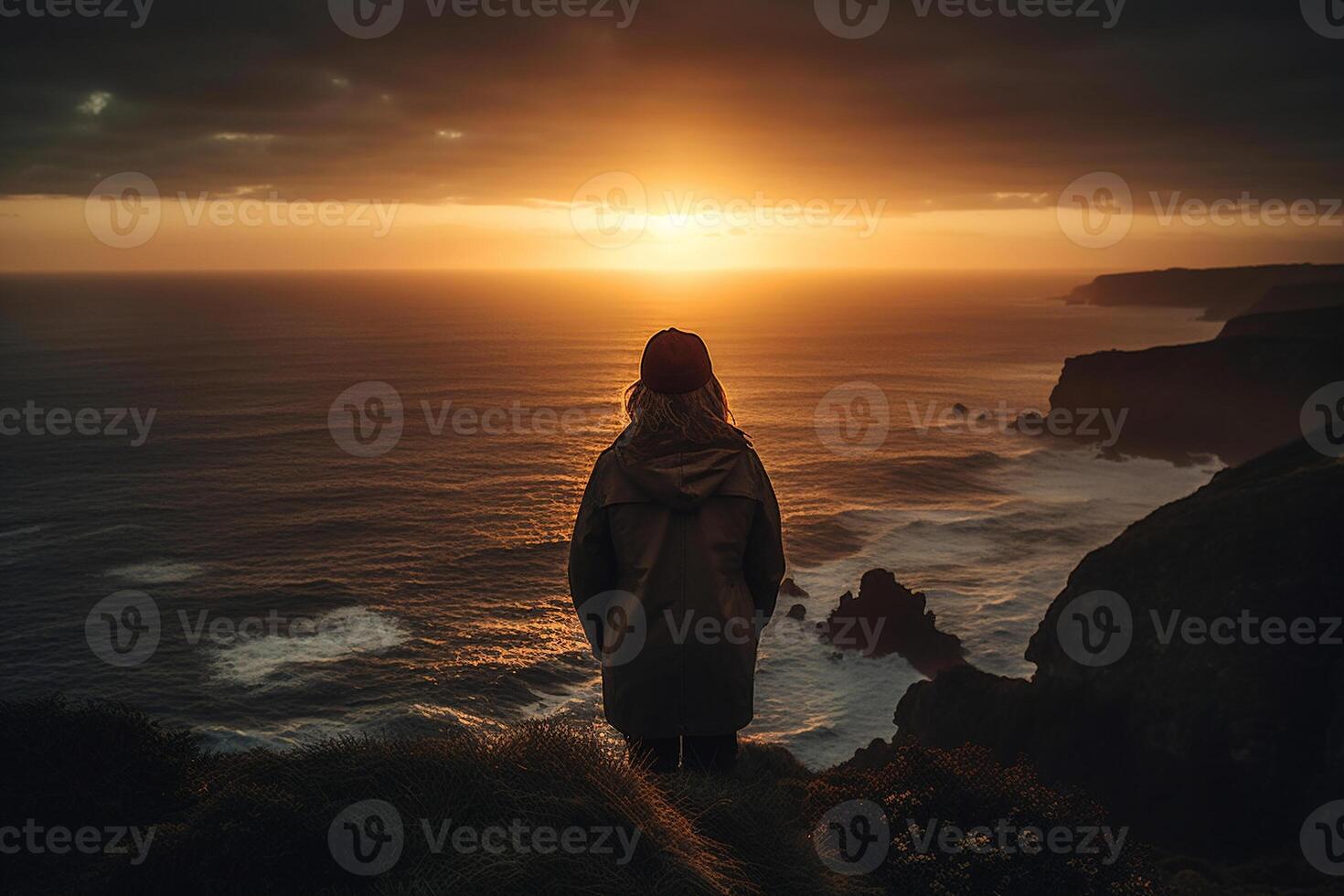 pessoa negligenciar oceano às pôr do sol ai gerado foto